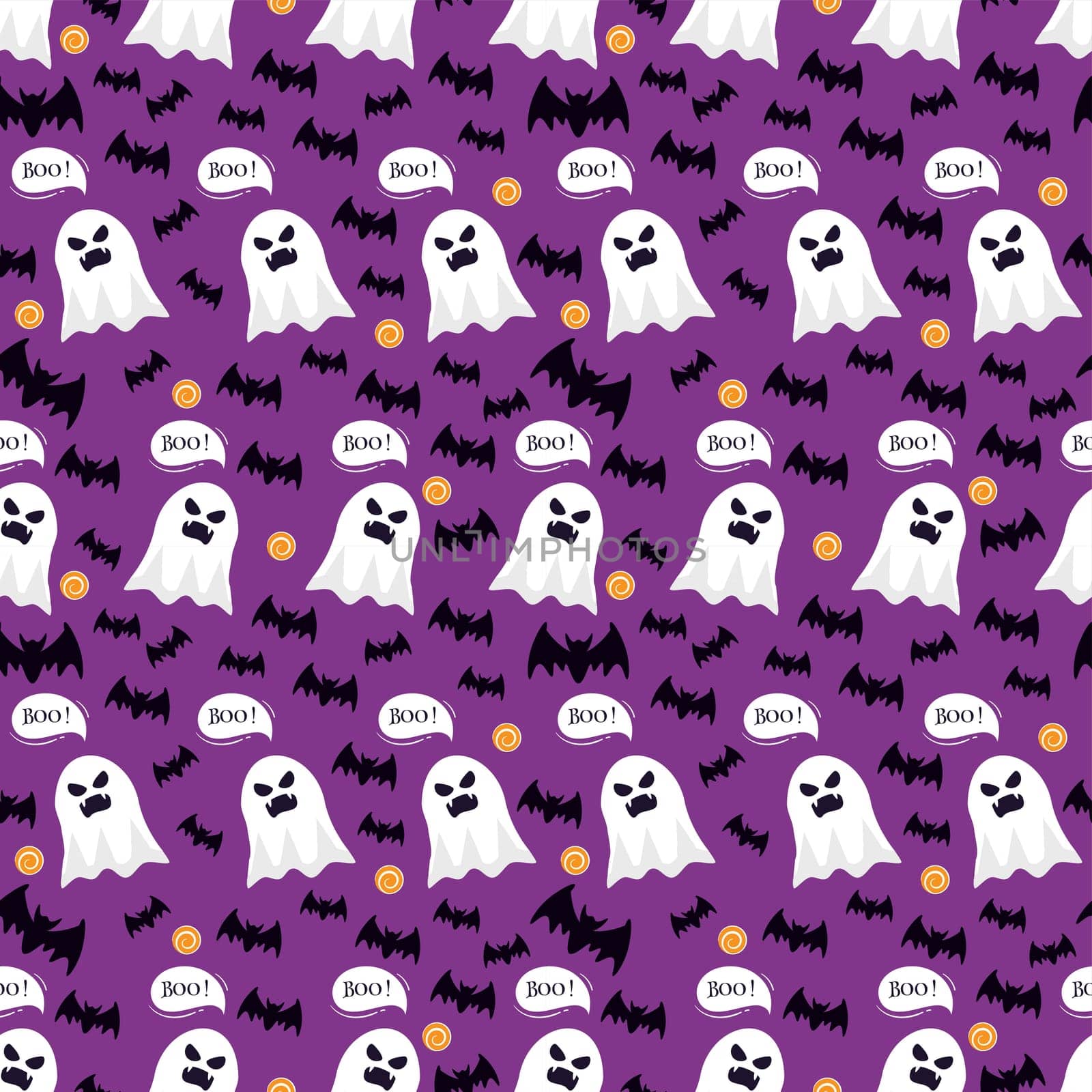 Halloween Seamless Pattern Design With Witch, Haunted House, Pumpkins or Bats in Template Hand Drawn Cartoon Flat Illustration