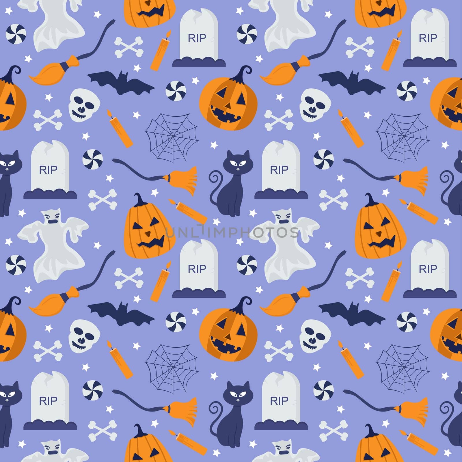 Halloween Seamless Pattern Design With Witch, Haunted House, Pumpkins or Bats in Template Hand Drawn Cartoon Flat Illustration