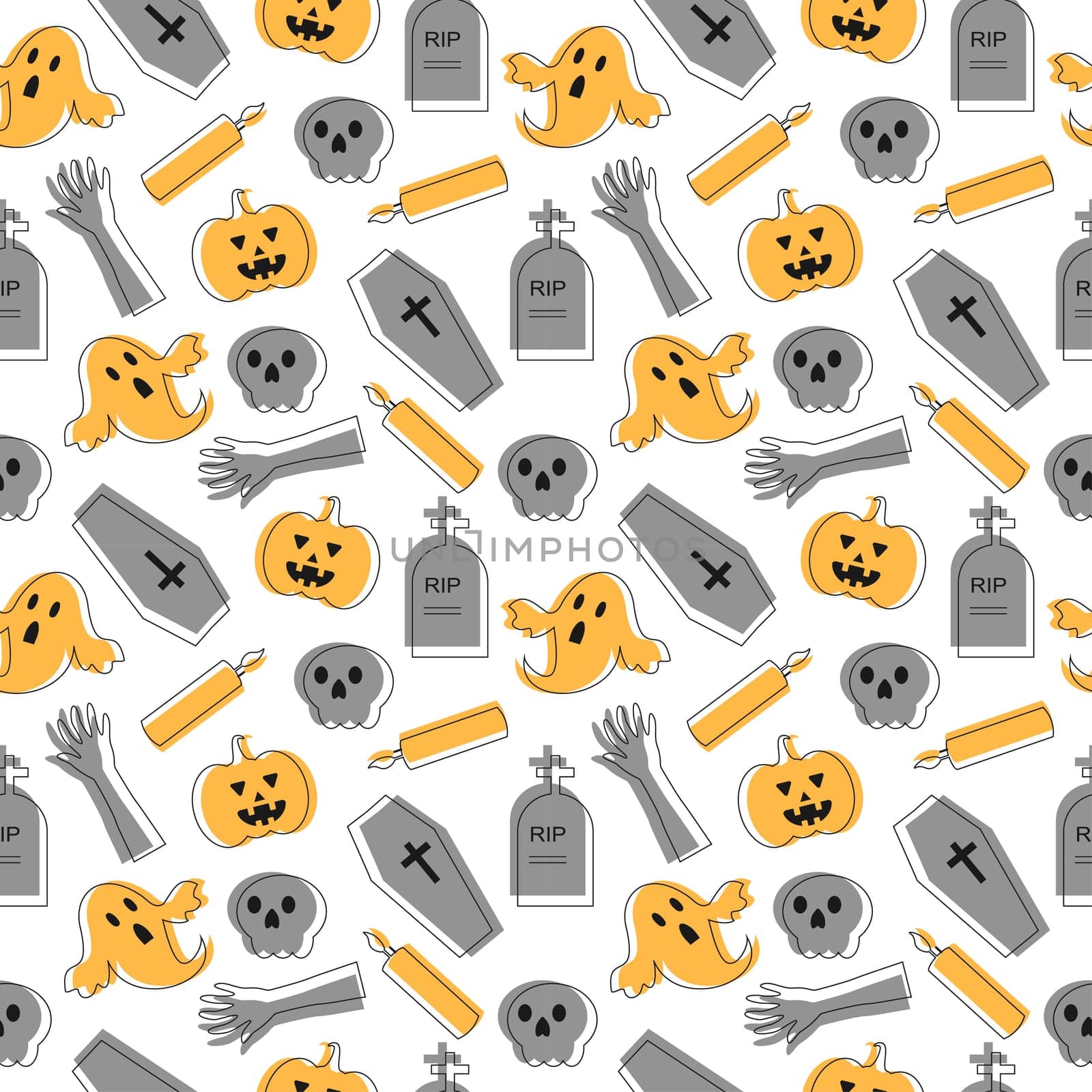 Halloween Seamless Pattern Design With Witch, Haunted House, Pumpkins or Bats in Template Hand Drawn Cartoon Flat Illustration