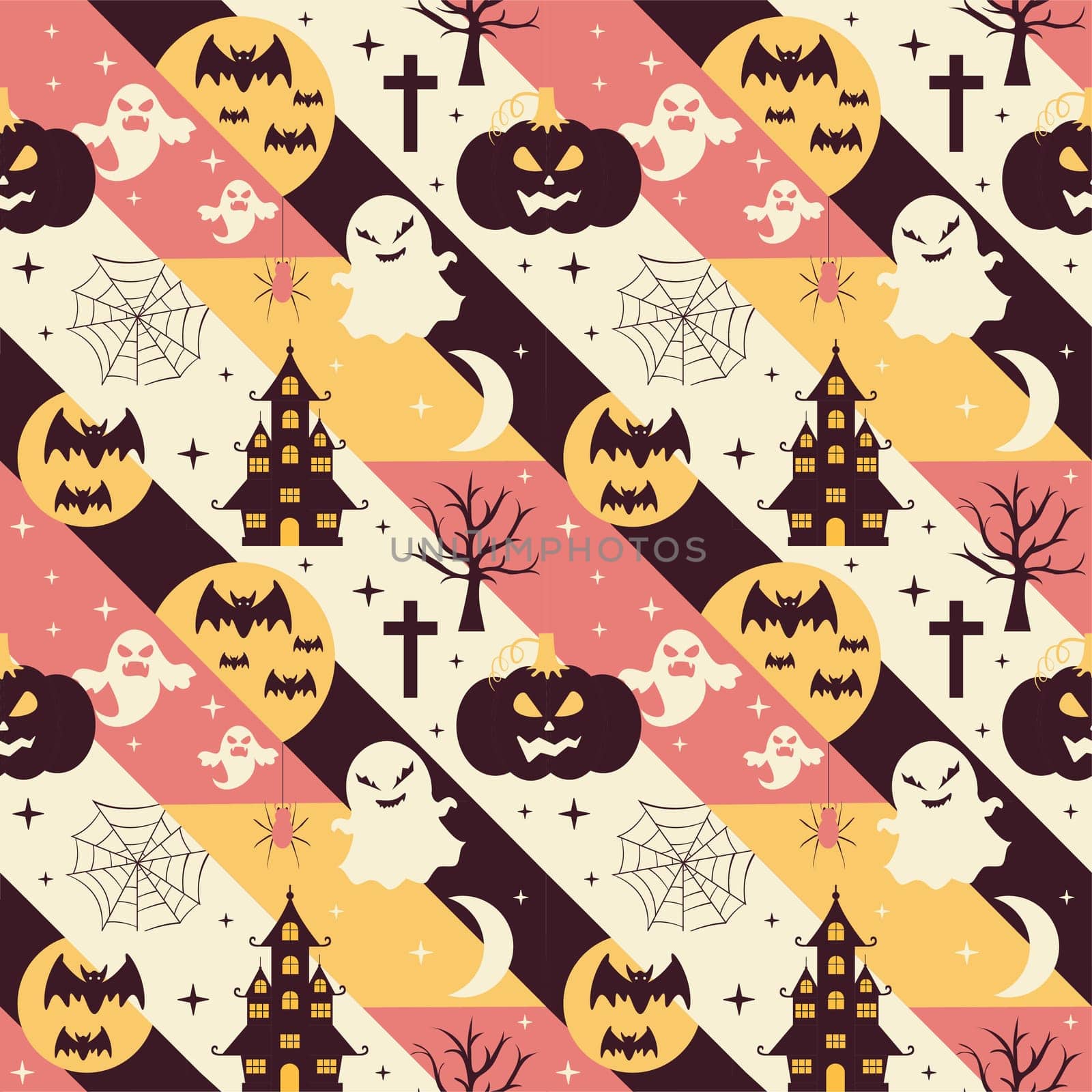 Halloween Seamless Pattern Design With Witch, Haunted House, Pumpkins or Bats in Template Hand Drawn Cartoon Flat Illustration