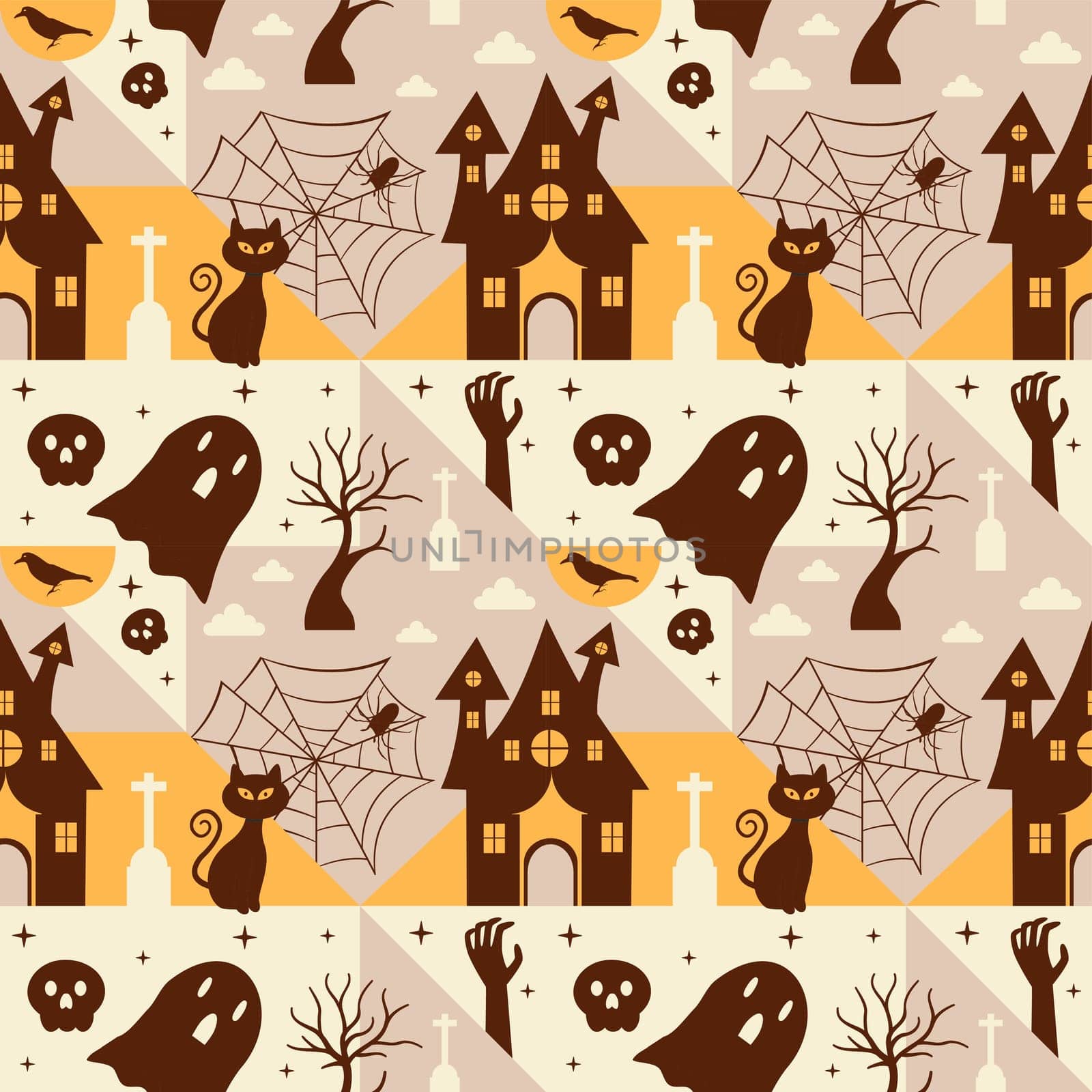 Halloween Seamless Pattern Design With Witch, Haunted House, Pumpkins or Bats in Template Hand Drawn Cartoon Flat Illustration
