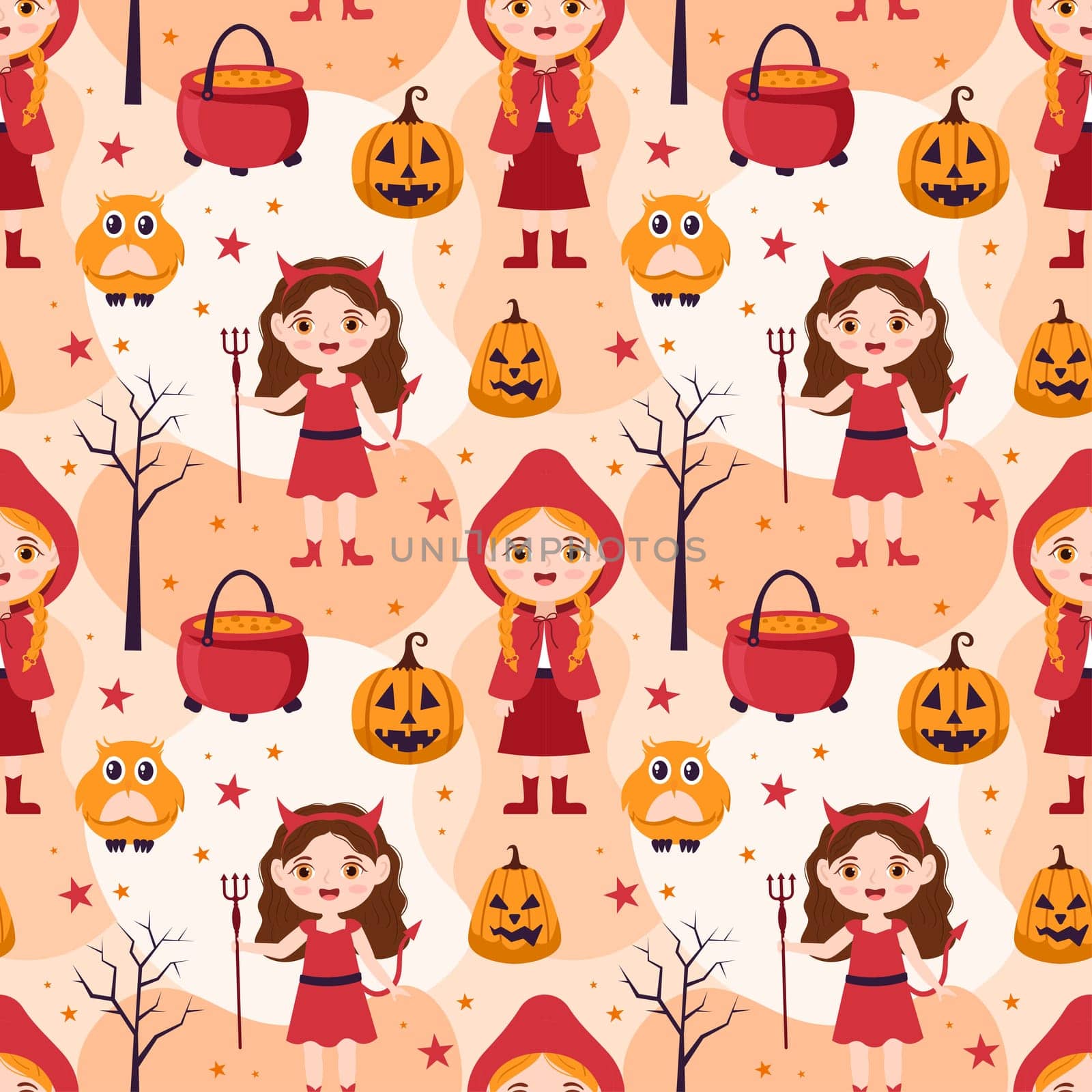 Halloween Seamless Pattern Design With Witch, Haunted House, Pumpkins or Bats in Template Hand Drawn Cartoon Flat Illustration