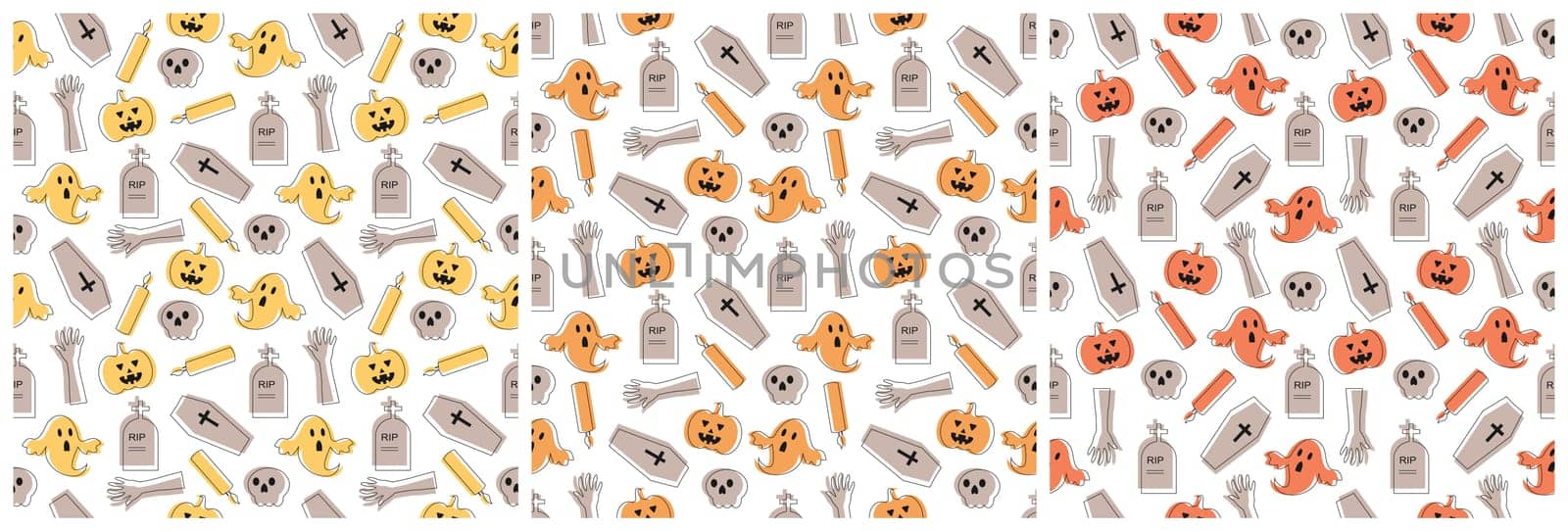 Set of Halloween Seamless Pattern Design With Witch, Haunted House, Pumpkins or Bats in Template Hand Drawn Cartoon Flat Illustration