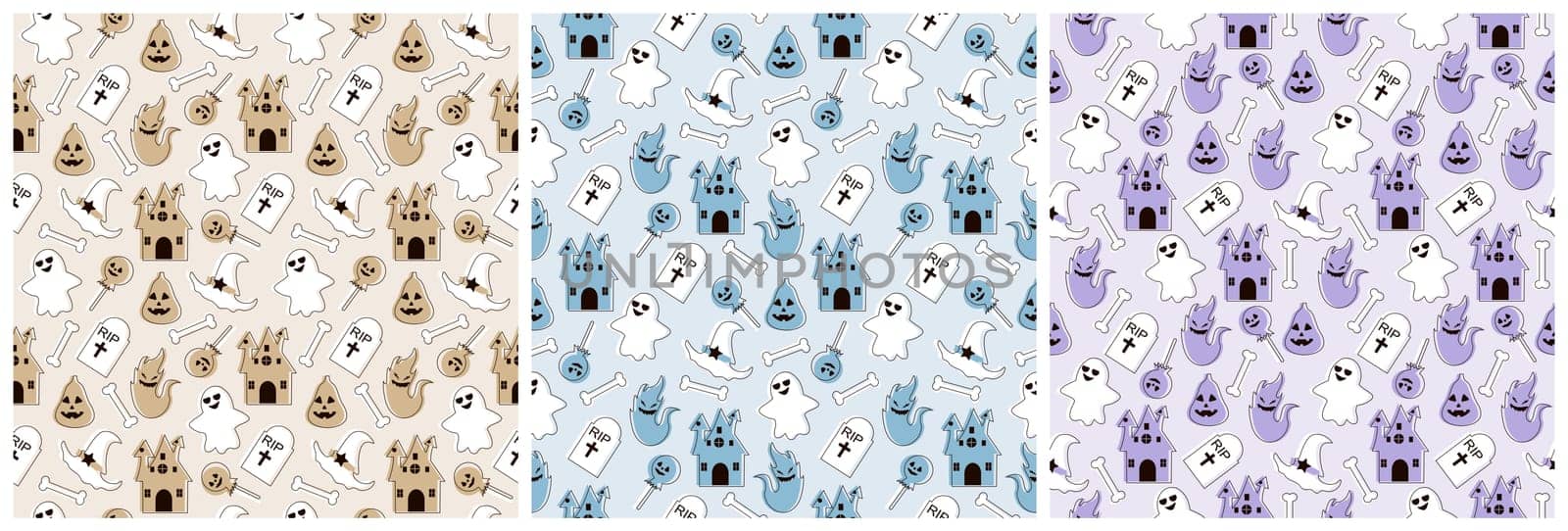 Set of Halloween Seamless Pattern Design With Witch, Haunted House, Pumpkins or Bats in Template Hand Drawn Cartoon Flat Illustration