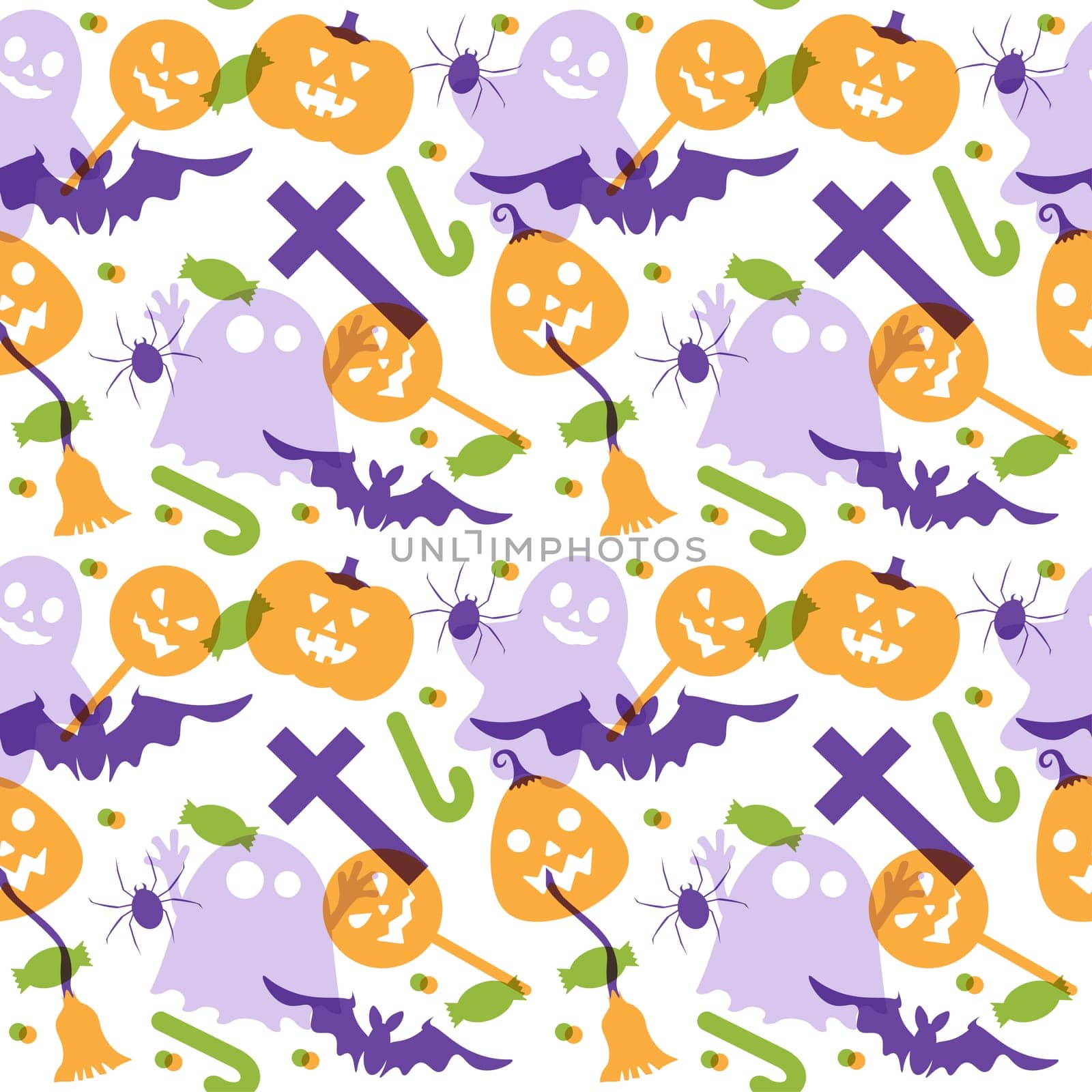 Halloween Seamless Pattern Design With Witch, Haunted House, Pumpkins or Bats in Template Hand Drawn Cartoon Flat Illustration