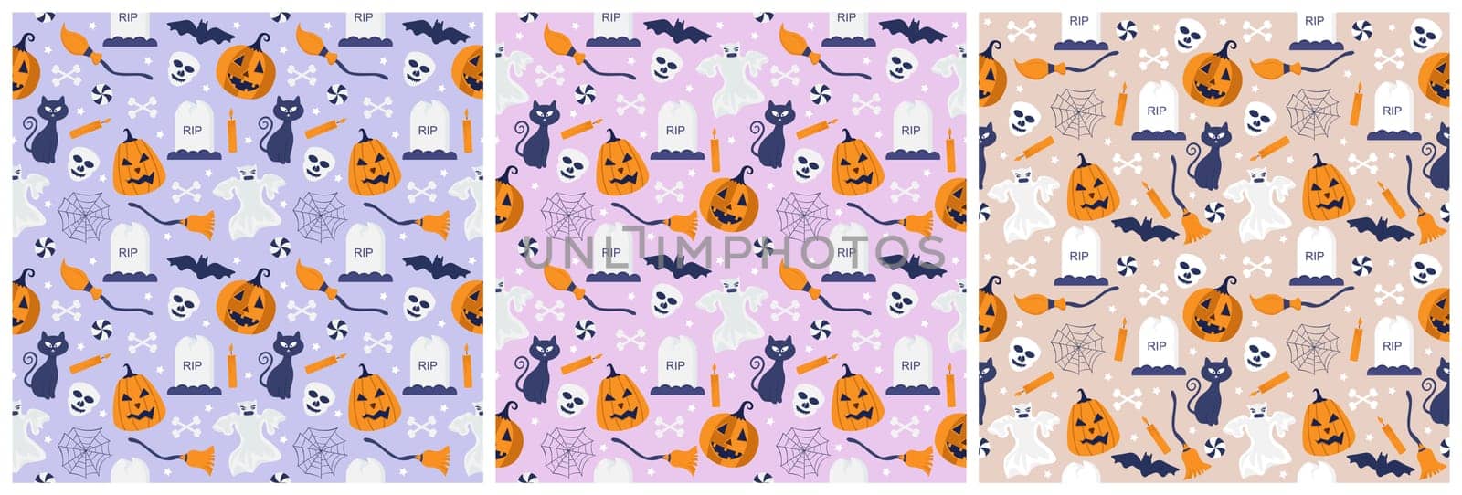 Set of Halloween Seamless Pattern Design With Witch, Haunted House, Pumpkins or Bats in Template Hand Drawn Cartoon Flat Illustration