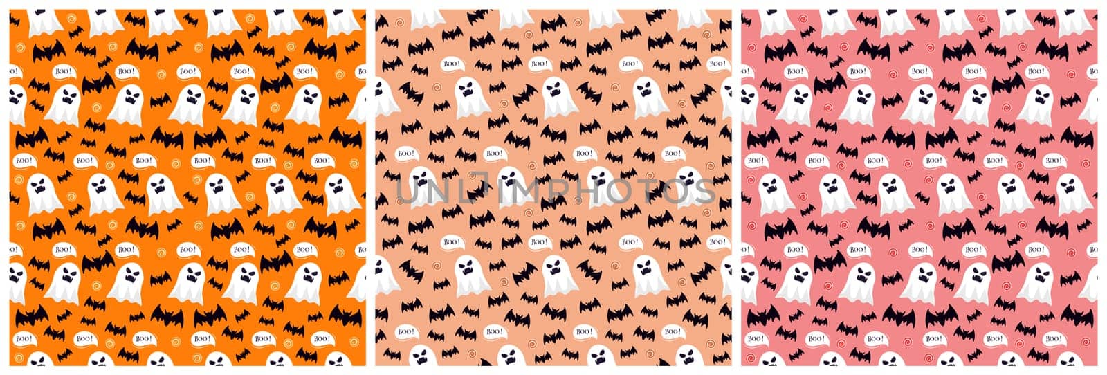 Set of Halloween Seamless Pattern Design With Witch, Haunted House, Pumpkins or Bats in Template Hand Drawn Cartoon Flat Illustration