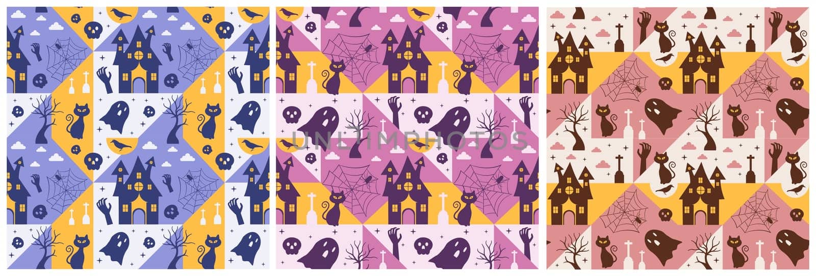 Set of Halloween Seamless Pattern Design With Witch, Haunted House, Pumpkins or Bats in Template Hand Drawn Cartoon Flat Illustration