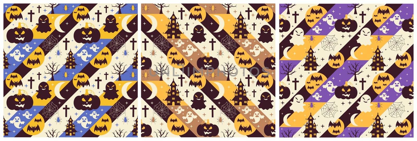 Set of Halloween Seamless Pattern Design With Witch, Haunted House, Pumpkins or Bats in Template Hand Drawn Cartoon Flat Illustration