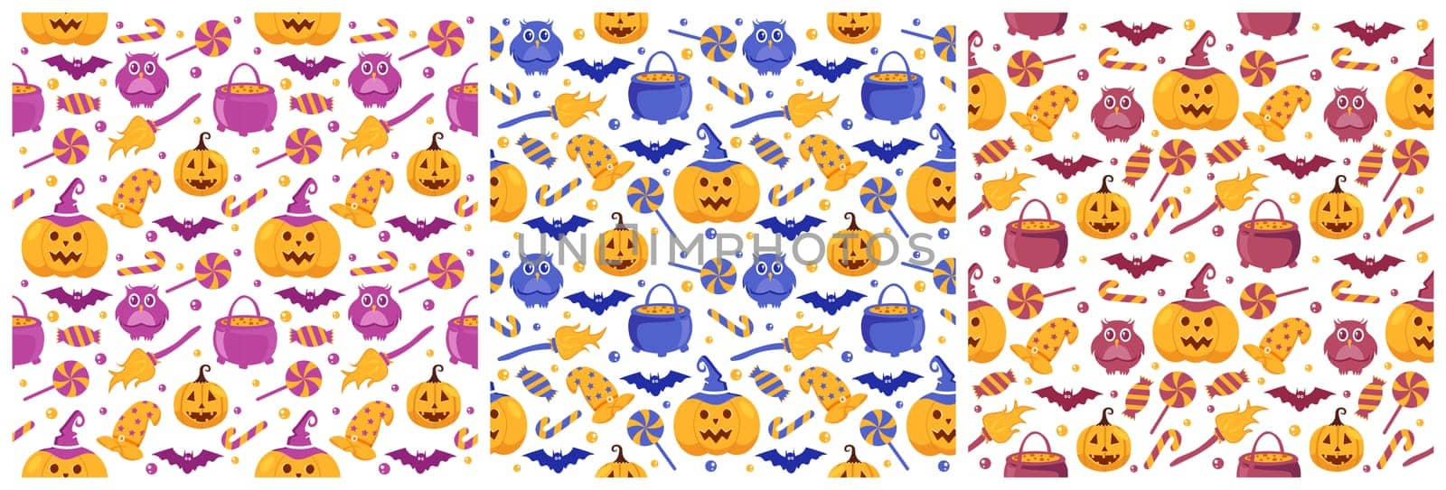 Set of Halloween Seamless Pattern Design With Witch, Haunted House, Pumpkins or Bats in Template Hand Drawn Cartoon Flat Illustration