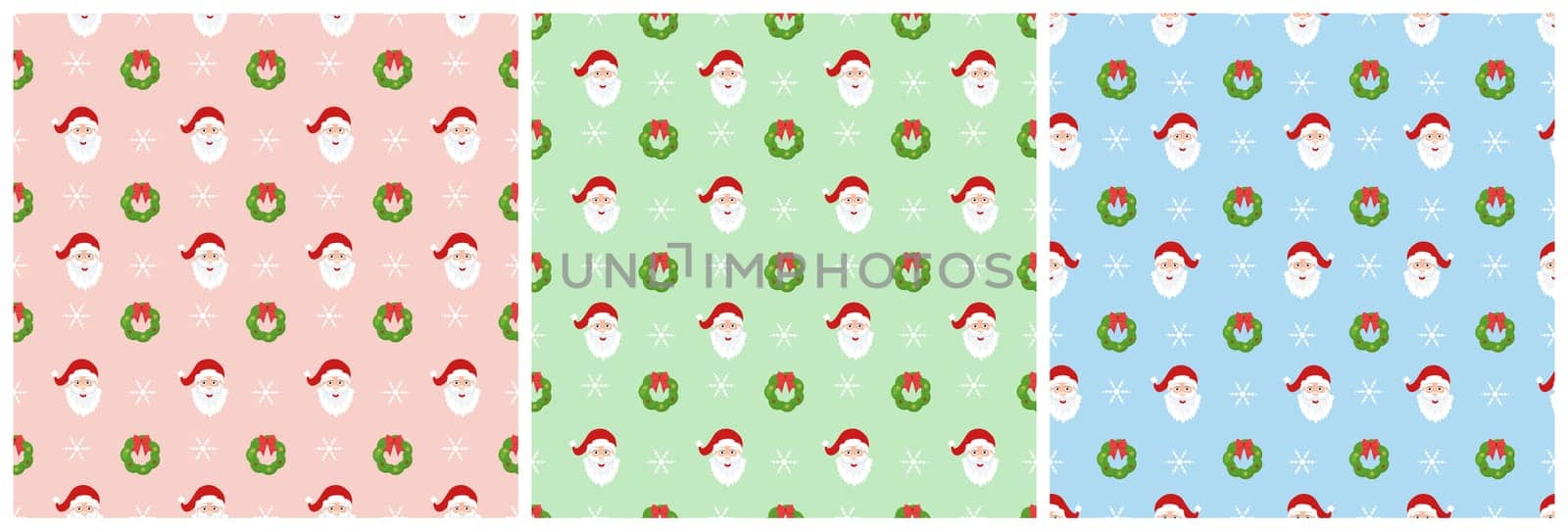 Set of Christmas Background Seamless Pattern Design With Santa Claus, Tree, Snowman And Gifts in Template Hand Drawn Cartoon Flat Illustration