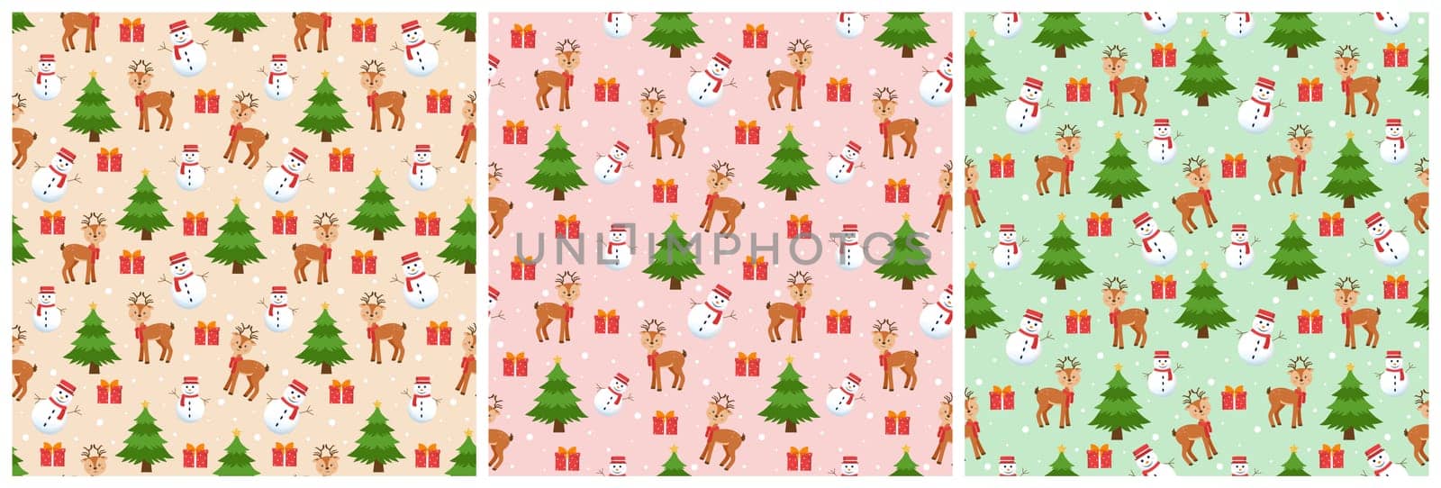 Set of Christmas Background Seamless Pattern Design With Santa Claus, Tree, Snowman And Gifts in Template Hand Drawn Cartoon Flat Illustration