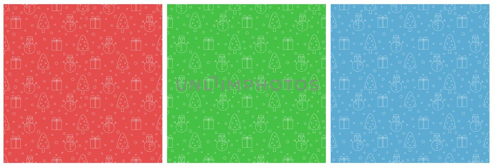 Set of Christmas Background Seamless Pattern Design With Santa Claus, Tree, Snowman And Gifts in Template Hand Drawn Cartoon Flat Illustration
