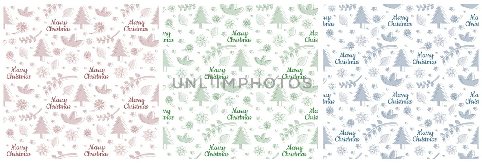 Set of Christmas Background Seamless Pattern Design With Santa Claus, Tree, Snowman And Gifts in Template Hand Drawn Cartoon Flat Illustration
