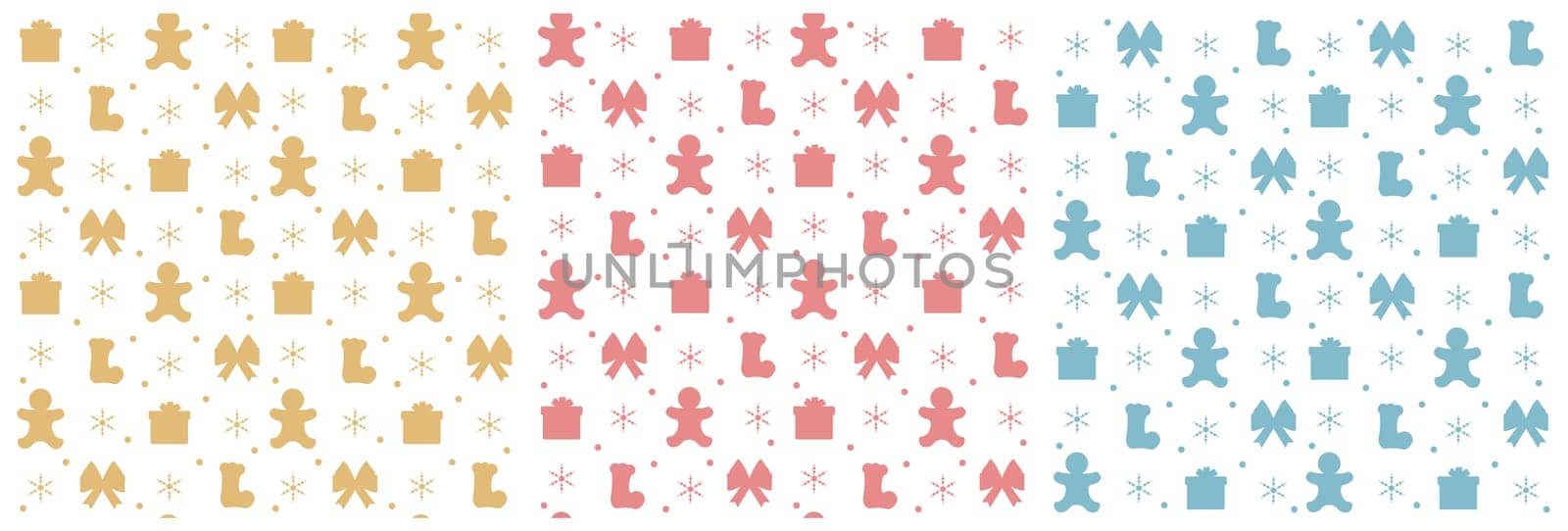 Set of Christmas Background Seamless Pattern Design With Santa Claus, Tree, Snowman And Gifts in Template Hand Drawn Cartoon Flat Illustration