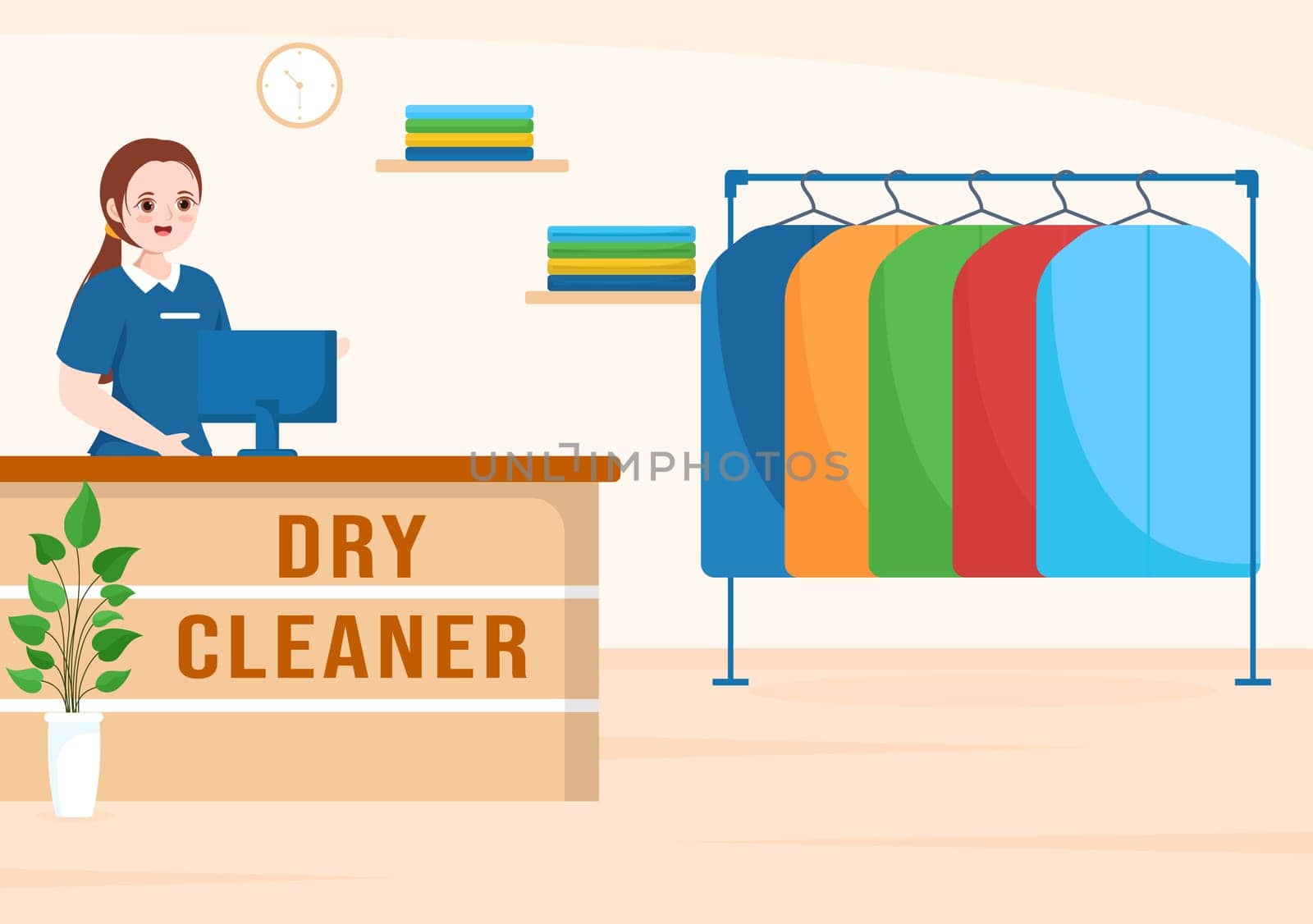 Dry Cleaning Store Service with Washing Machines, Dryers and Laundry for Clean Clothing in Flat Cartoon Hand Drawn Templates Illustration
