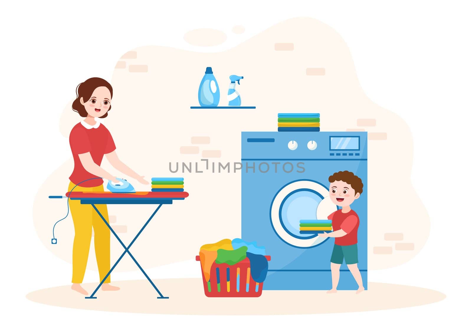 Dry Cleaning Store Service with Kid, Washing Machines, Dryers and Laundry for Clean Clothing in Flat Cartoon Hand Drawn Templates Illustration
