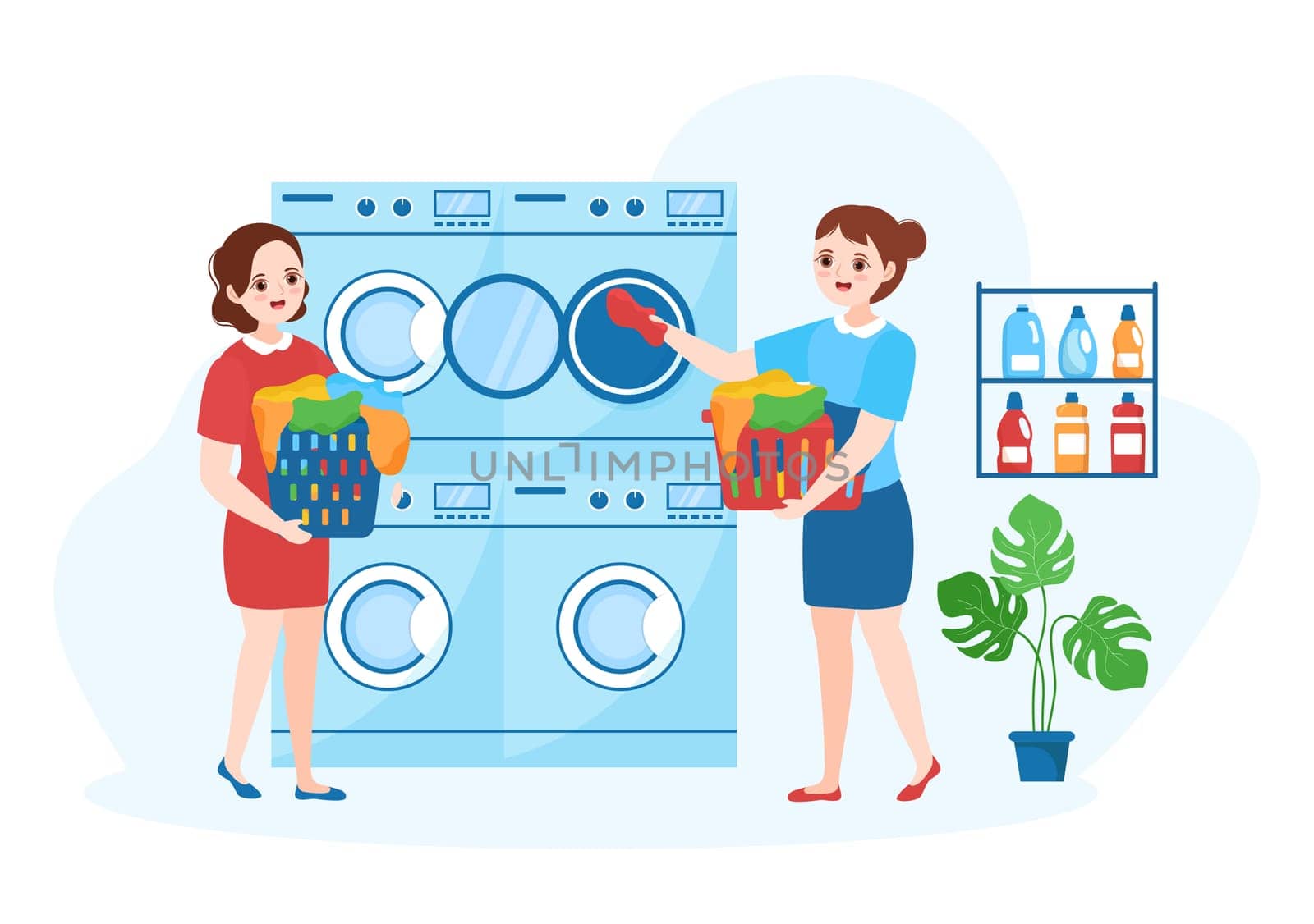 Dry Cleaning Store Service with Washing Machines, Dryers and Laundry for Clean Clothing in Flat Cartoon Hand Drawn Templates Illustration