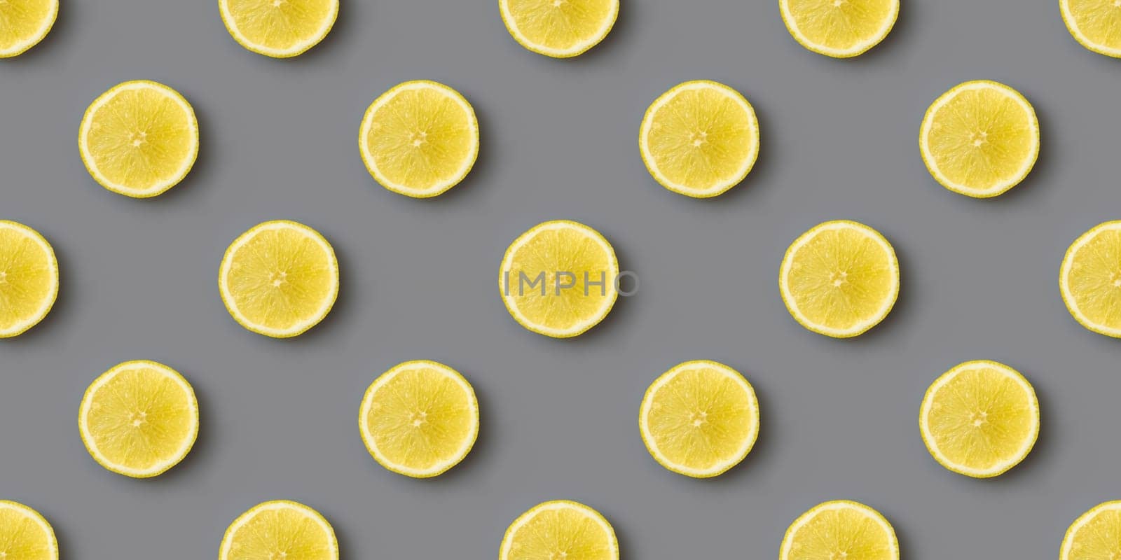 Yellow lemons on gray background seamless endless pattern. Colors of the Year 2021 Illuminating and Ultimate gray. Flat lay