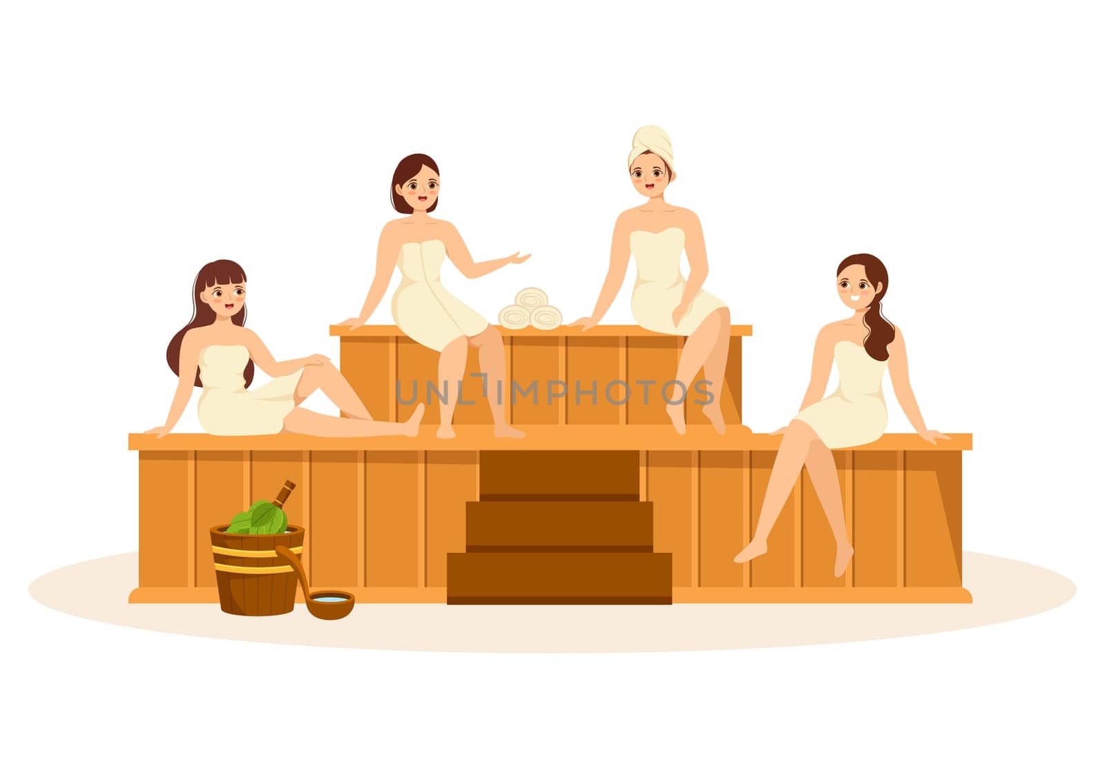 Sauna and Steam Room with People Relax, Washing Their Bodies, Steam or Enjoying Time in Flat Cartoon Hand Drawn Templates Illustration