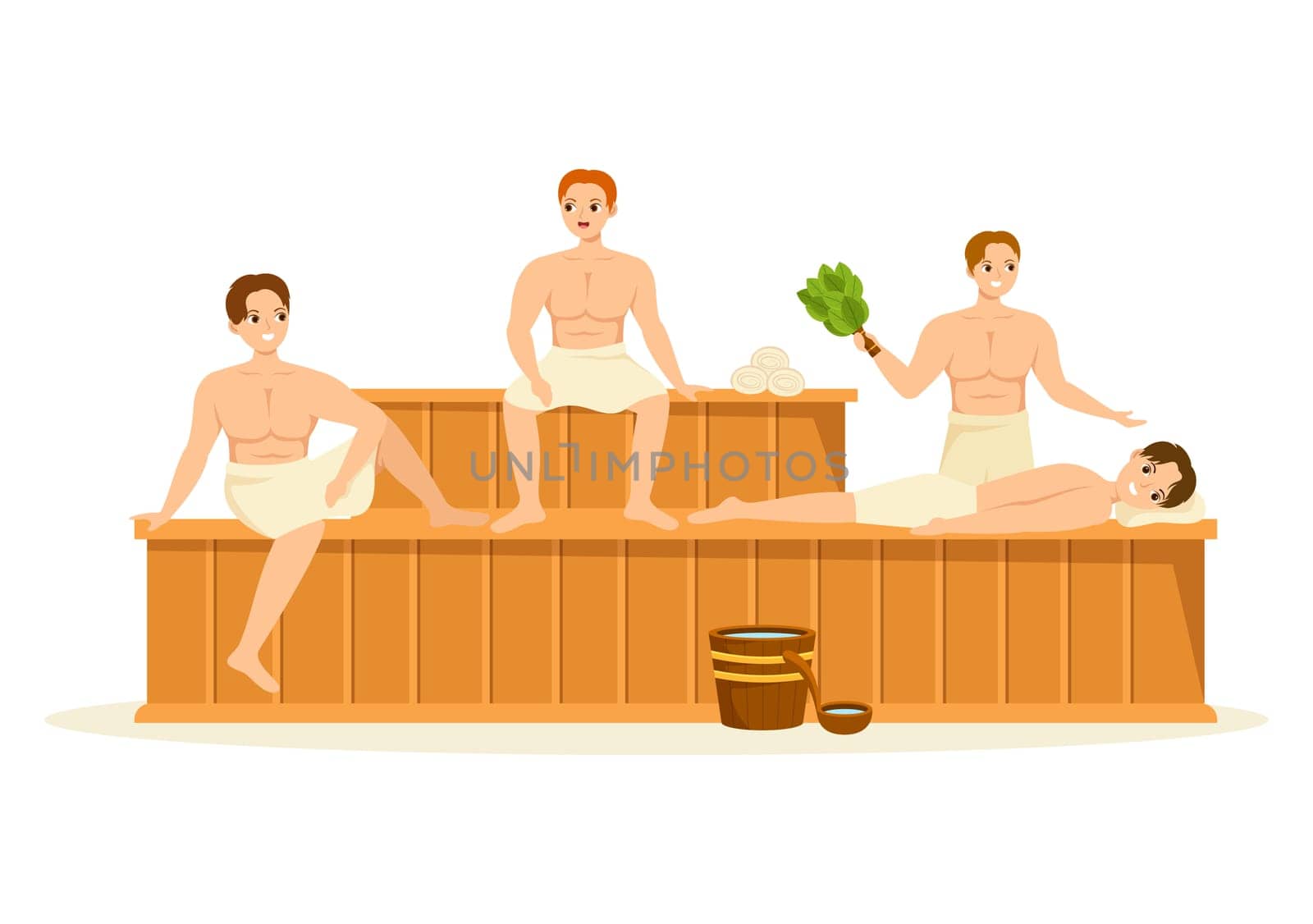 Sauna and Steam Room with People Relax, Washing Their Bodies, Steam or Enjoying Time in Flat Cartoon Hand Drawn Templates Illustration