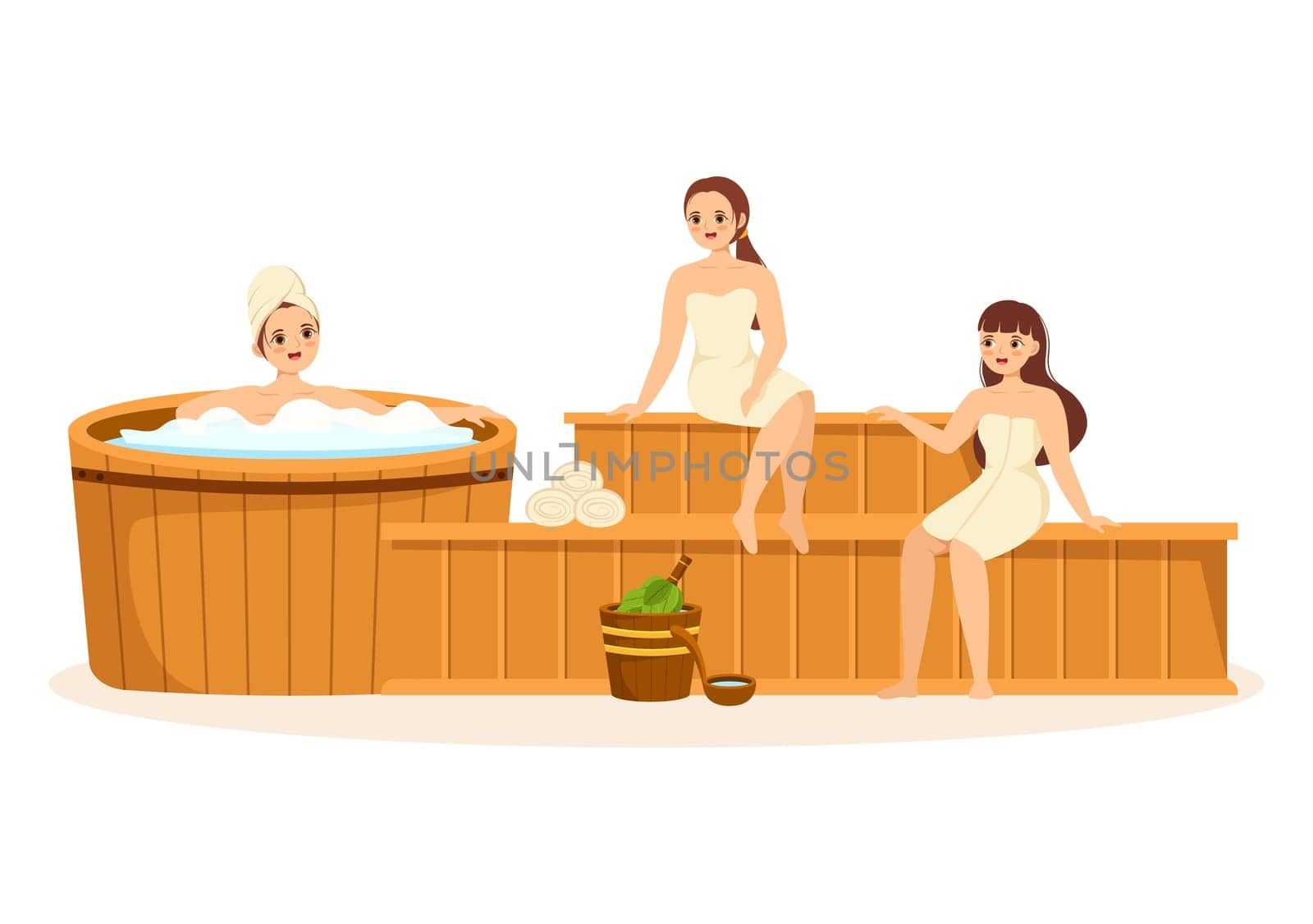 Sauna and Steam Room with People Relax, Washing Their Bodies, Steam or Enjoying Time in Flat Cartoon Hand Drawn Templates Illustration