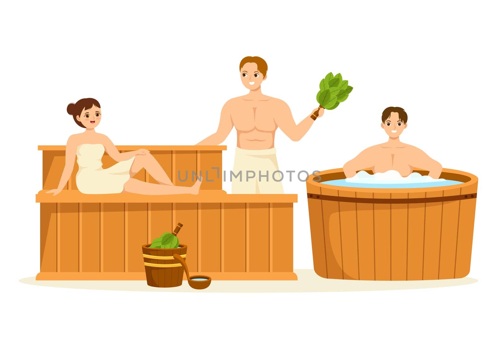 Sauna and Steam Room with People Relax, Washing Their Bodies, Steam or Enjoying Time in Flat Cartoon Hand Drawn Templates Illustration