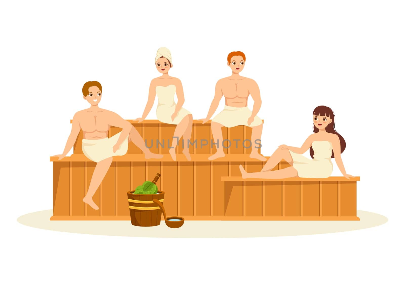 Sauna and Steam Room with People Relax, Washing Their Bodies, Steam or Enjoying Time in Flat Cartoon Hand Drawn Templates Illustration