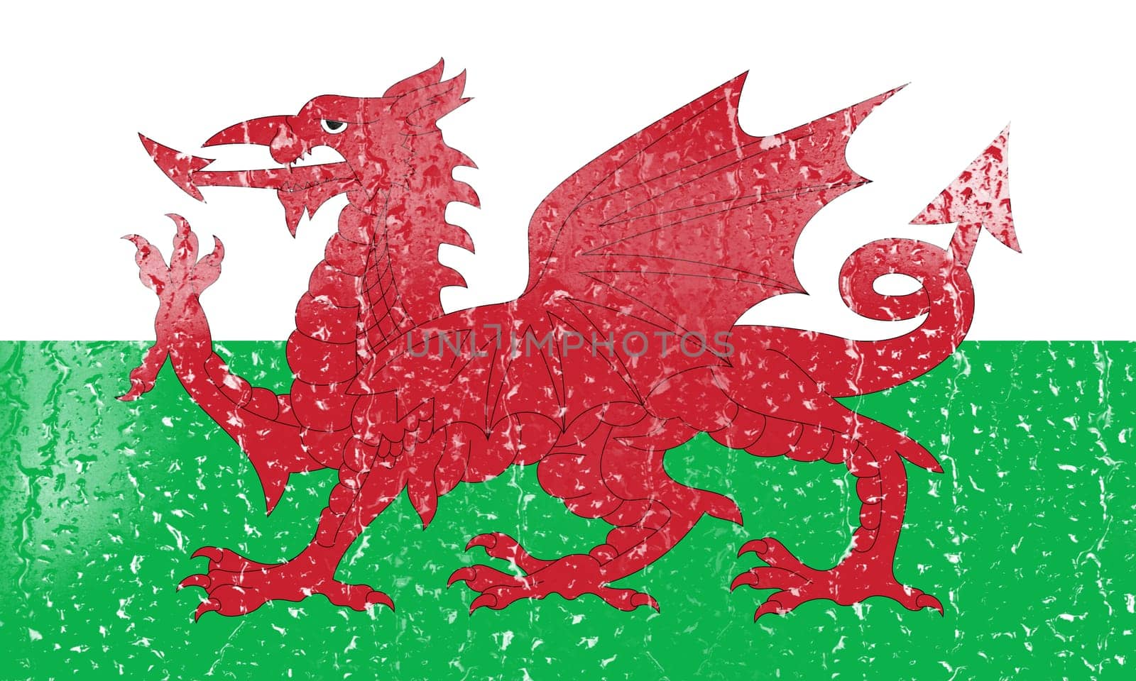 3D Flag of Wales on a glass with water drop background.