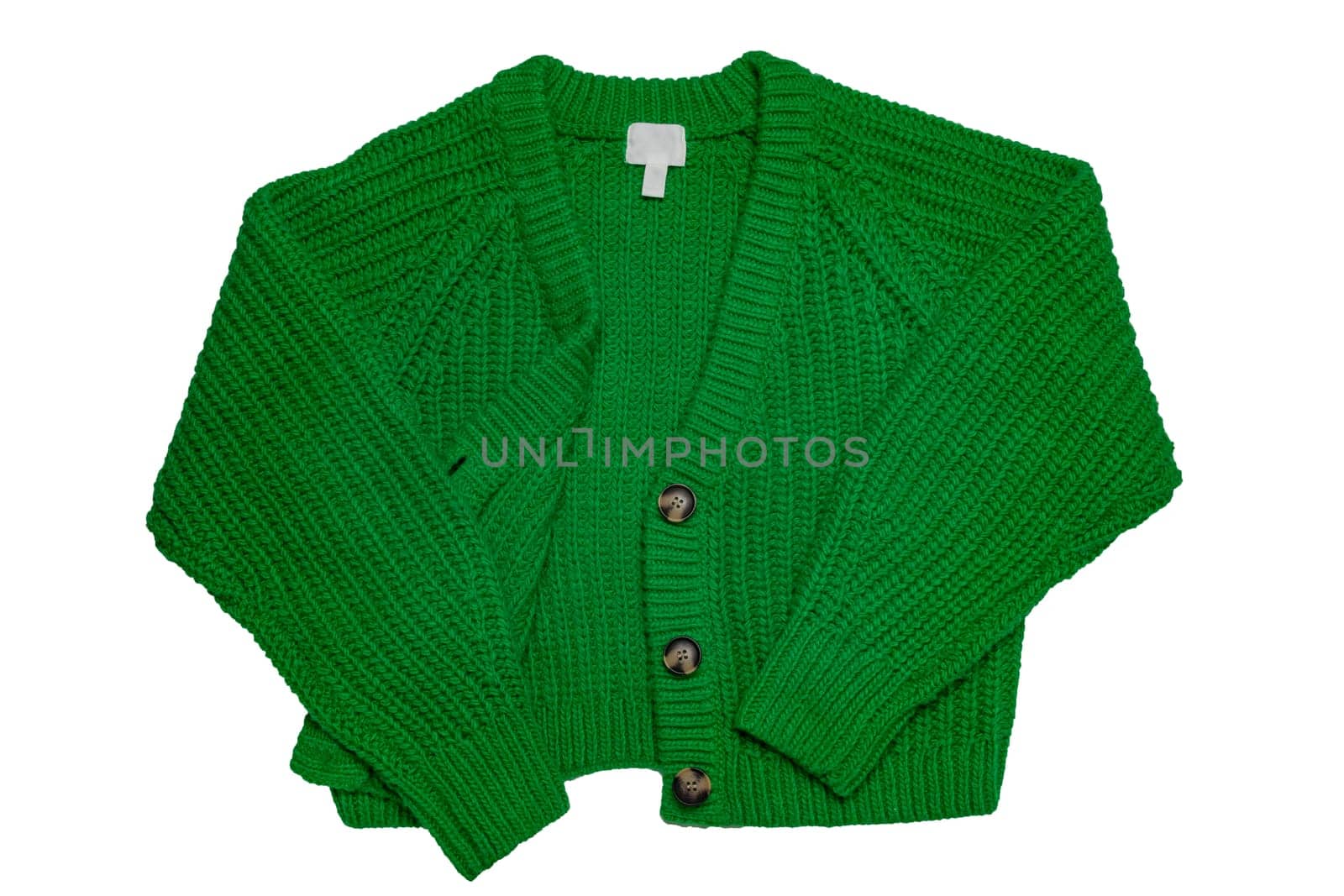 Casual elegant fluffy long-sleeved cardigan with V-neck and button closure isolated on a white background. Womens green sweater or jumper. Autumn and winter fashion.