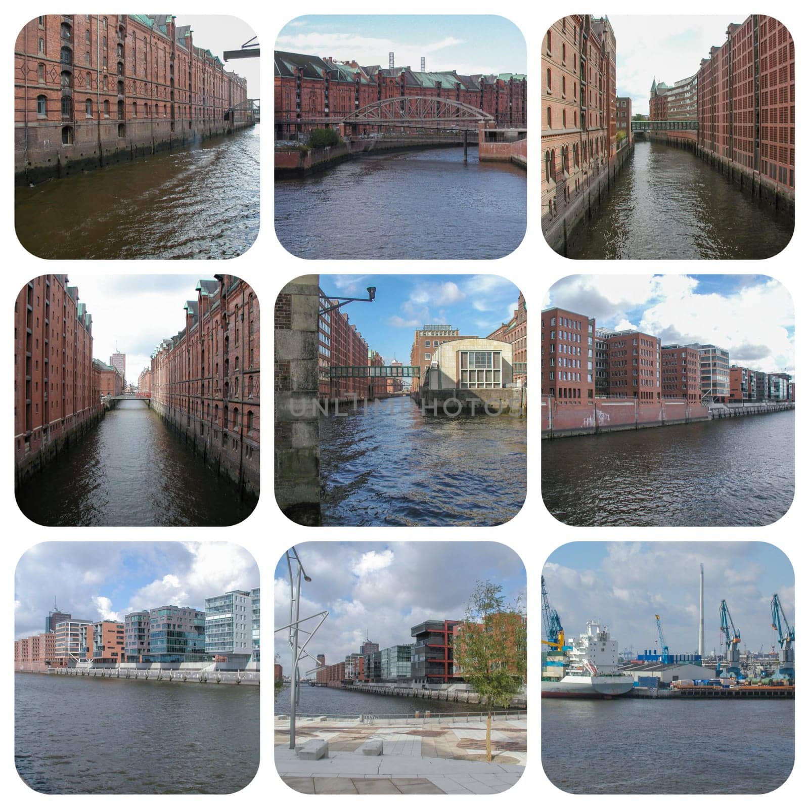 HAMBURG, GERMANY - August 28, 2006: Collage of Hamburg Hafencity waterfront, canals and harbour