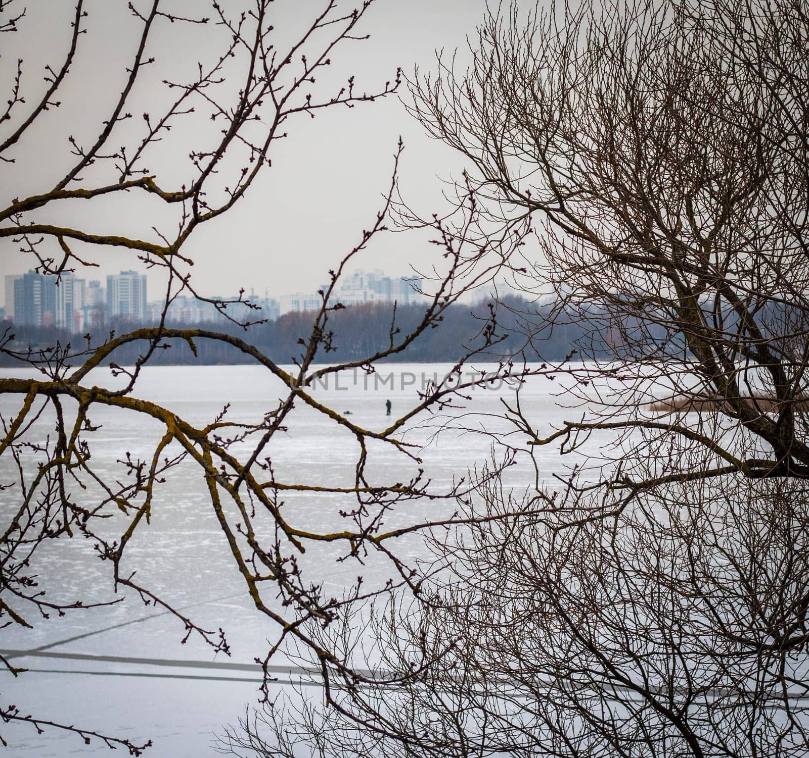 Concept shot of the man fishing on the frozen lake