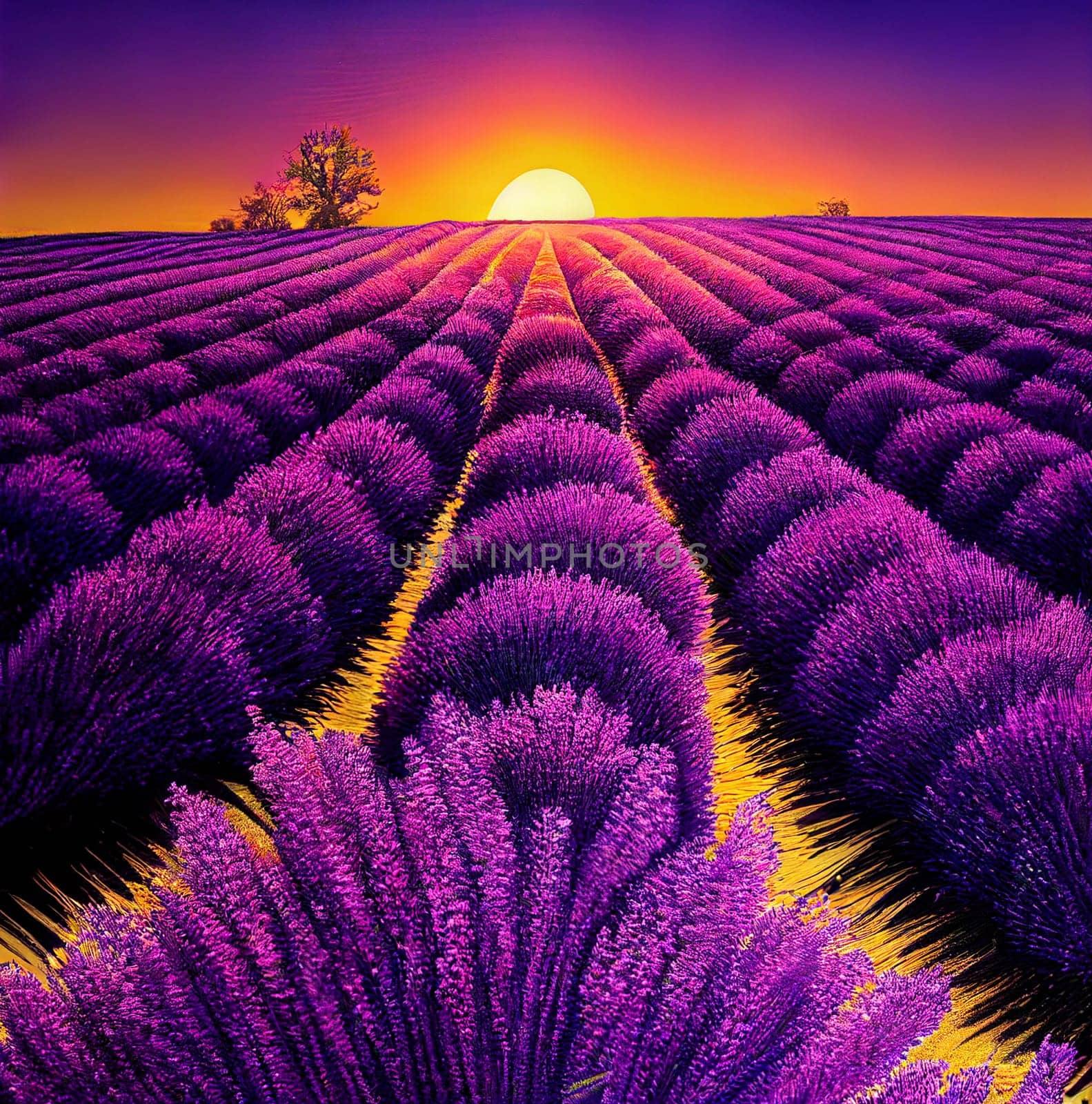 Illustration of a beautiful lavender field at late sunset