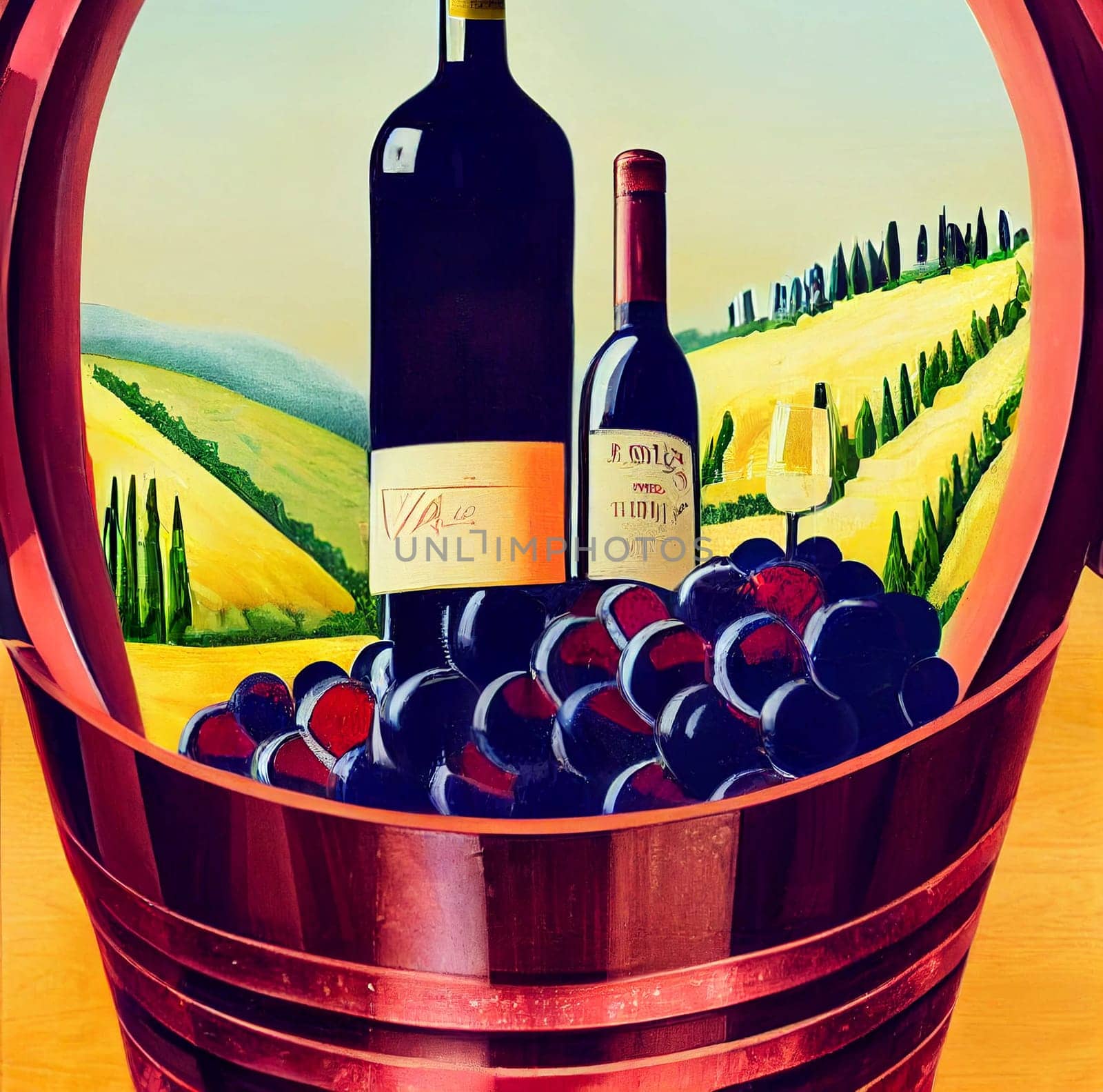 Drawing of a bottle of red wine and a wine glass with a beautiful Tuscany landscape
