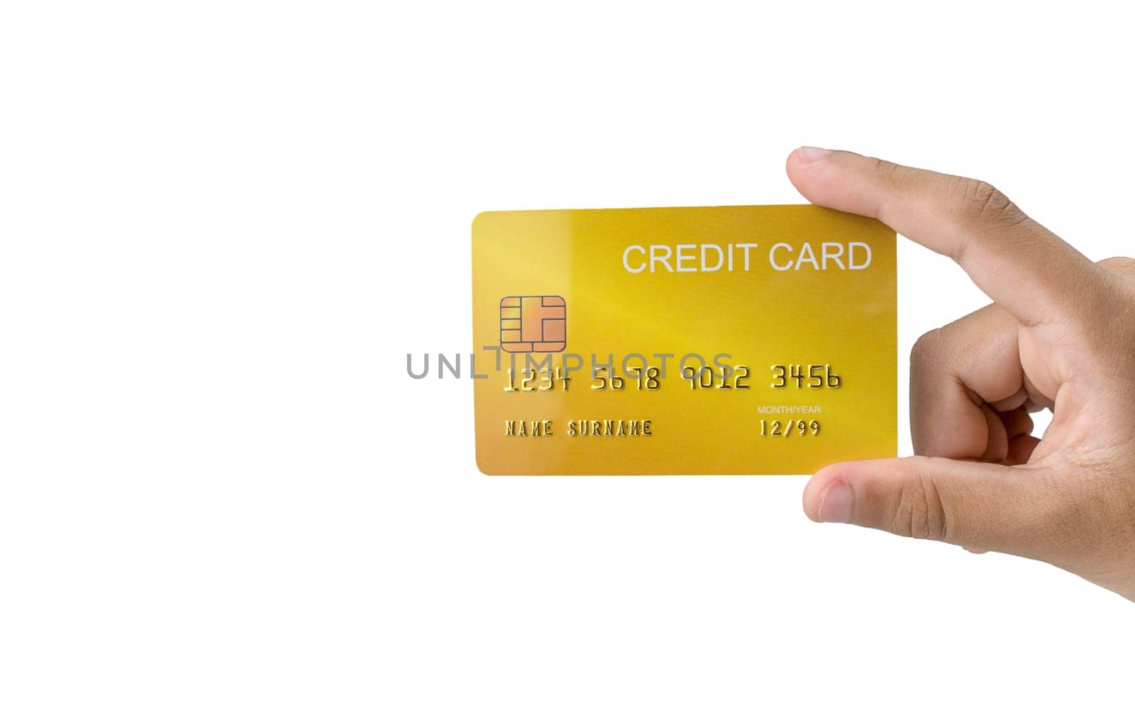 Hand holding credit card isolated on white background. Shopping concept. Cashless spending concept.