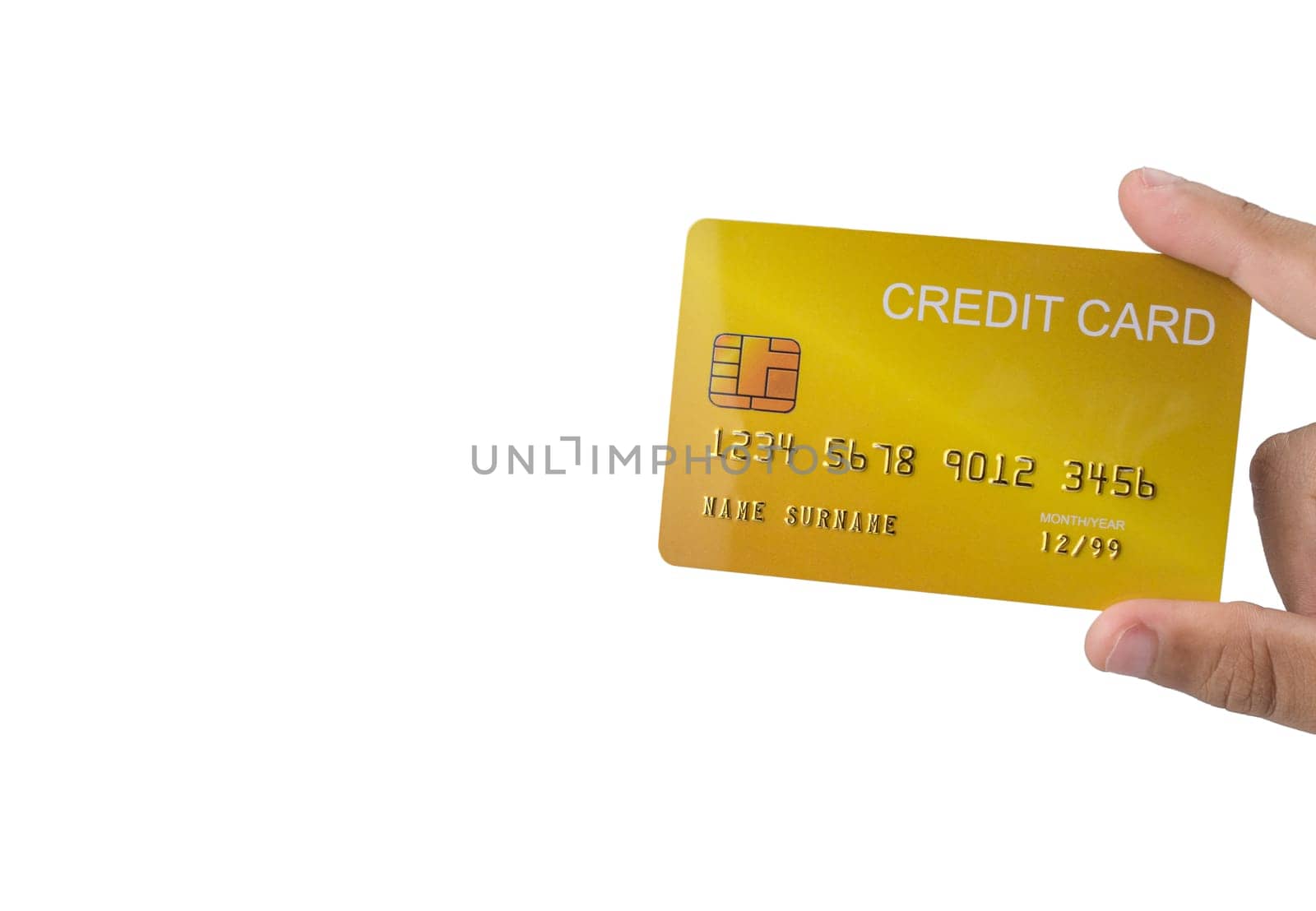 Hand holding credit card isolated on white background. Shopping concept. Cashless spending concept.