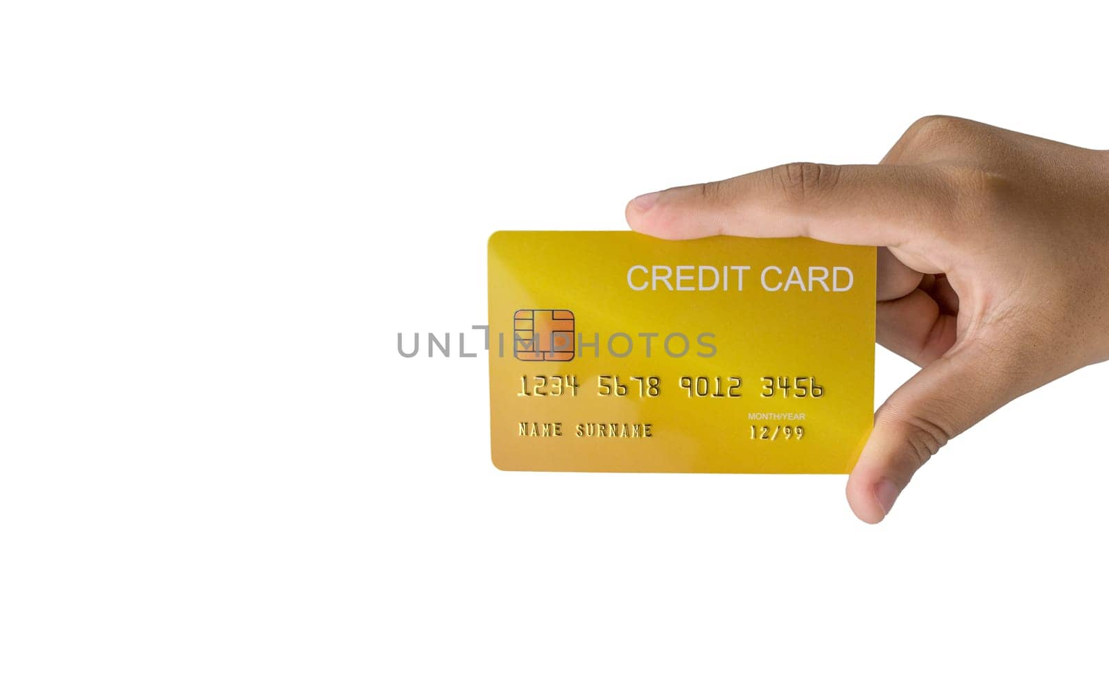Hand holding credit card isolated on white background. Shopping concept. Cashless spending concept.