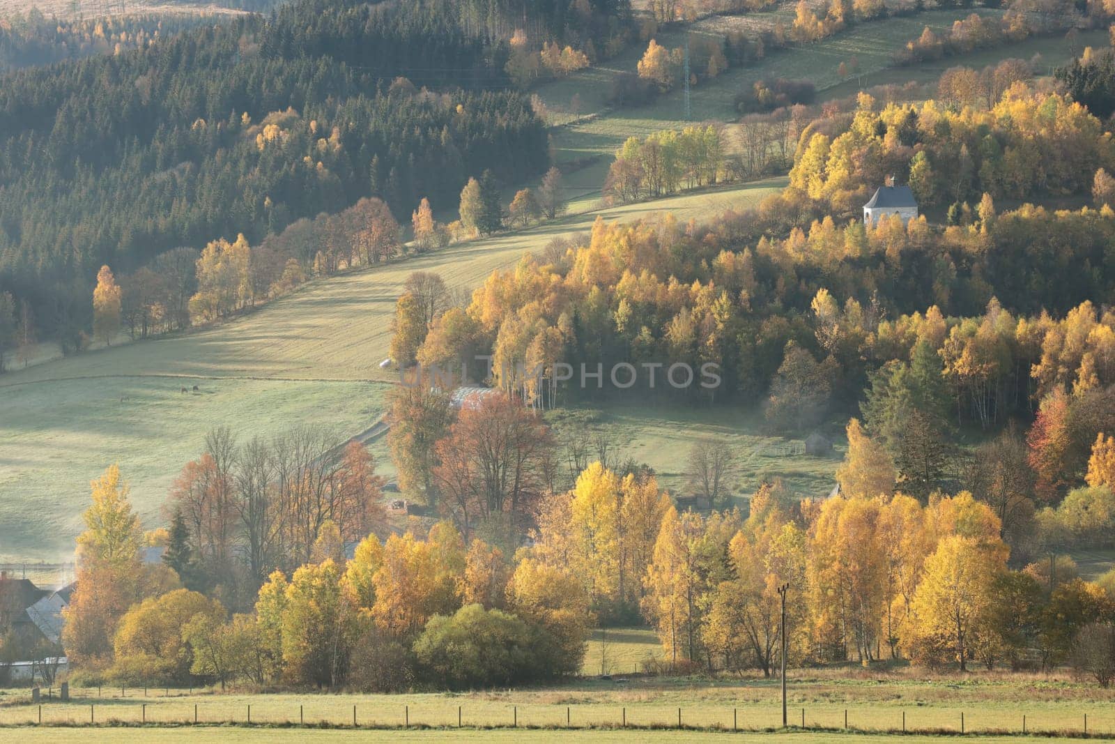 Idyllic autumn landscape on a sunny October morning. Sudetes Mountains, Czech Republic
