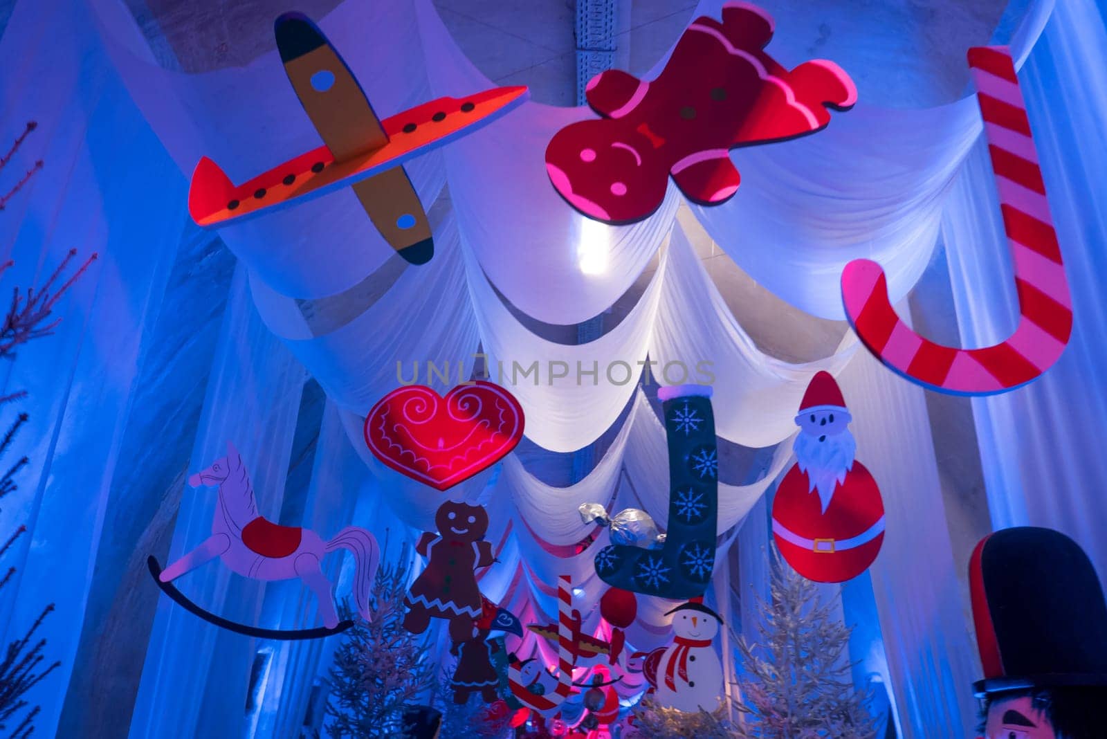 Blue and white joyful Christmas decorations in the Zagreb Atomic Shelter. Last year's decorations.
