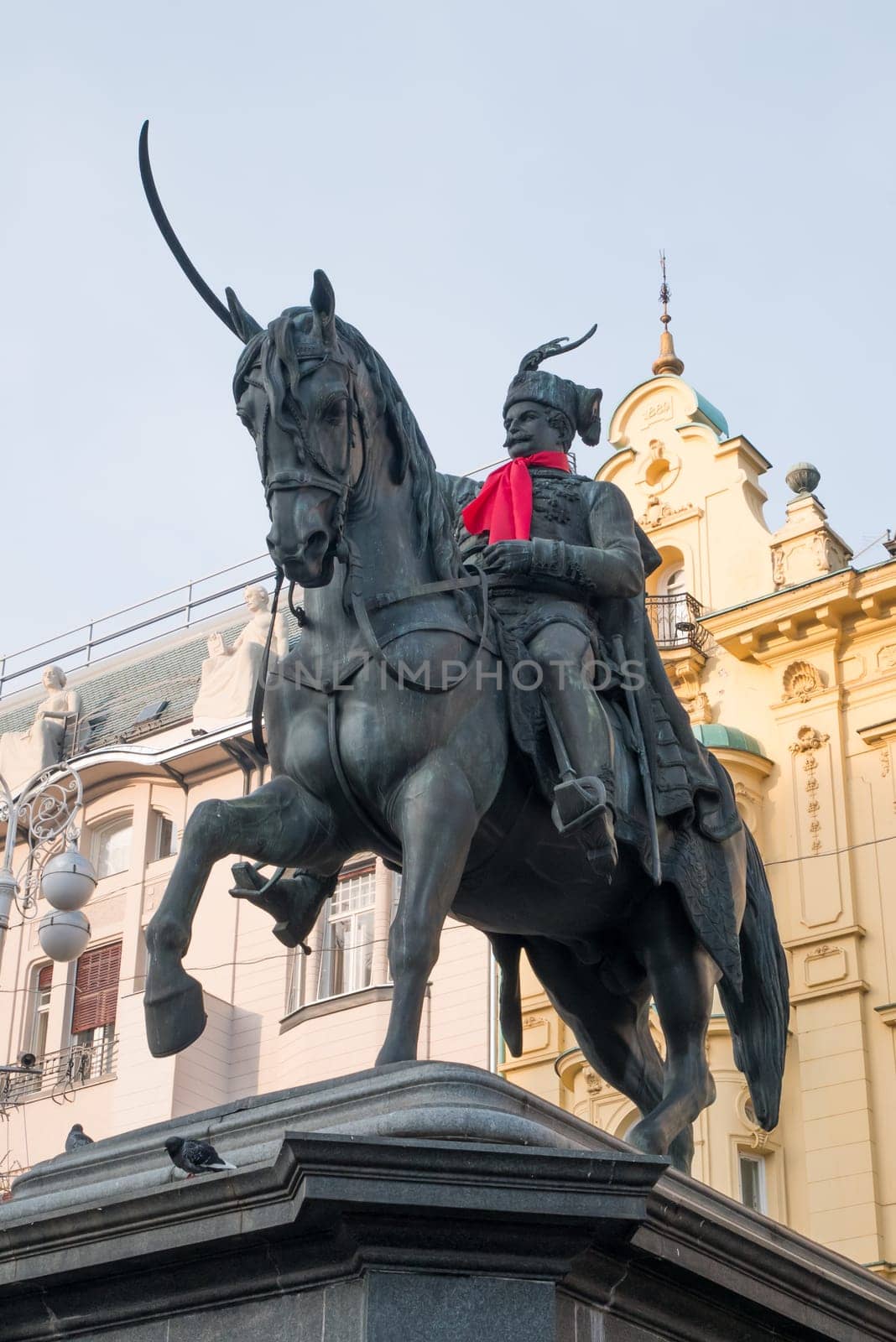 ZAGREB, CROATIA-January 4, 2020:Statue of Ban Josip Jelacic, erected by Anton Dominik Fernkorn on the Jelacic square in Zagreb in 1866. Jelacic, a Croatian national hero, had supported Croatian independence during the Hapsburg rule