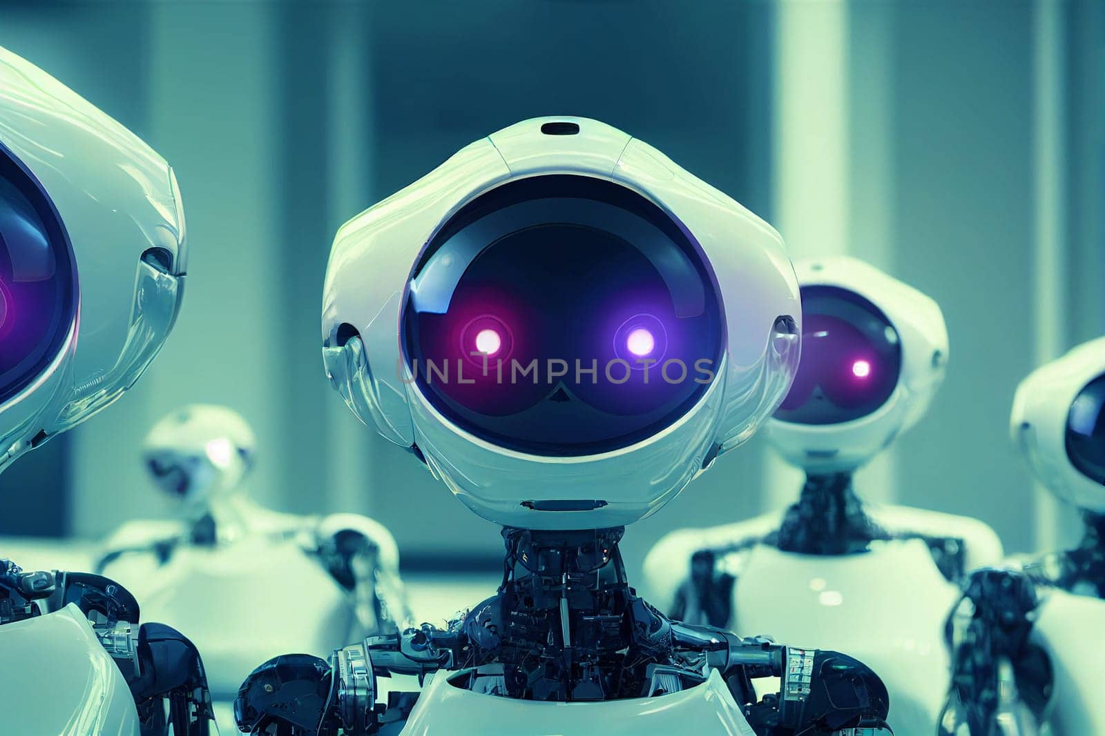 Illustration of a cyborg group, artificial intelligence robot, future technology, humanoid machine