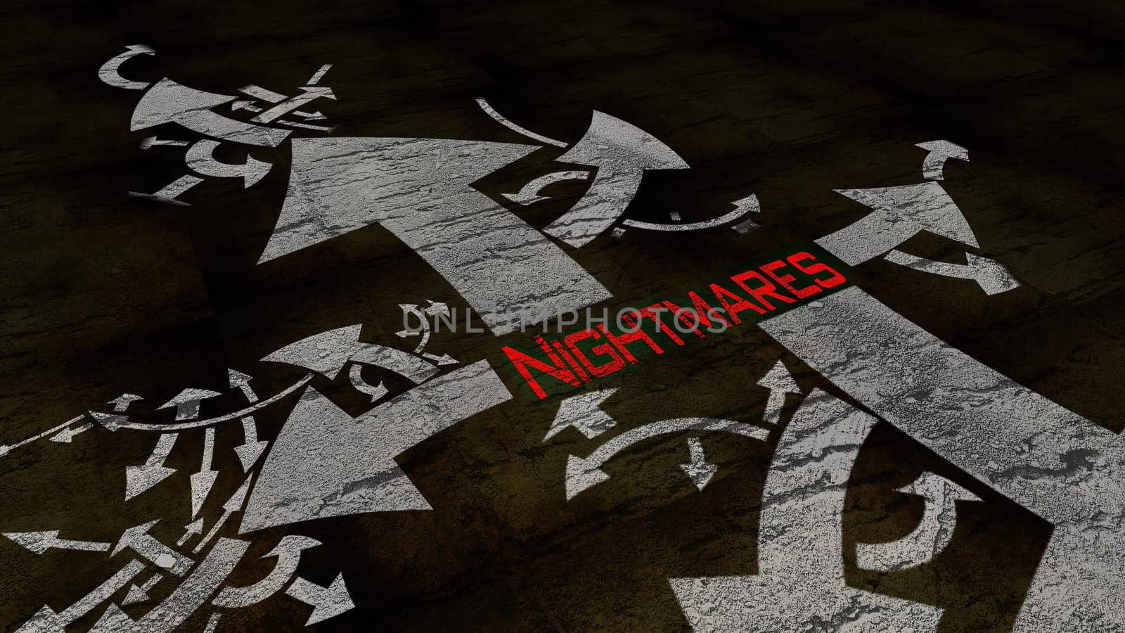 Nightmares text on a crossroad in different ways of arrows,Nightmares text on a crossroad in different ways of arrows