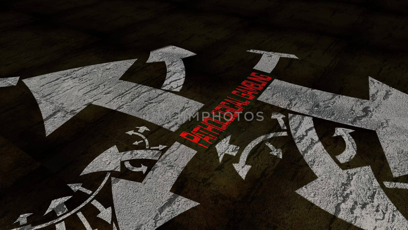 Pathological gambling on a crossroad in different ways of arrows,Pathological gambling on a crossroad in different ways of arrows