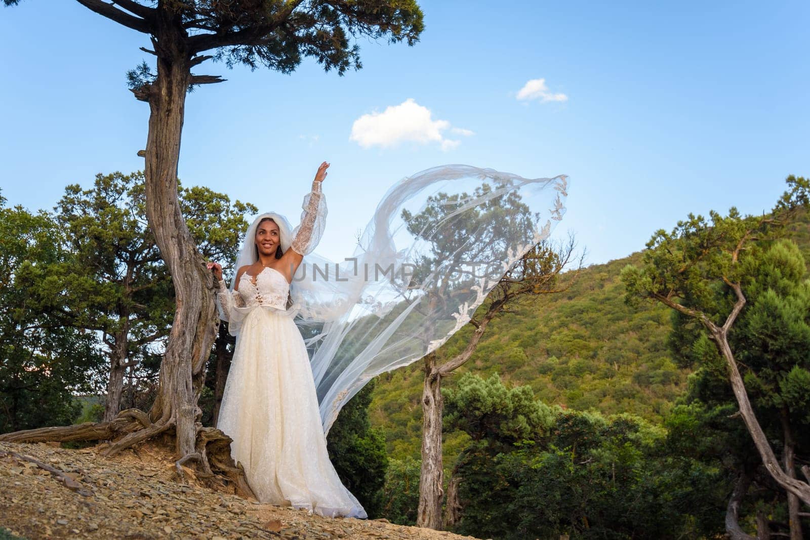 A black bride in a white dress with a flowing veil against the backdrop of an old forest and mountains