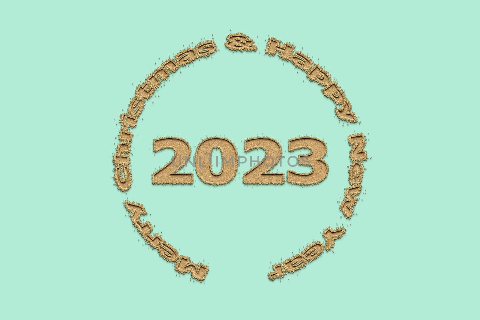 3D illustration New Year concept 2023 design with text sand design on a beach glass color background.