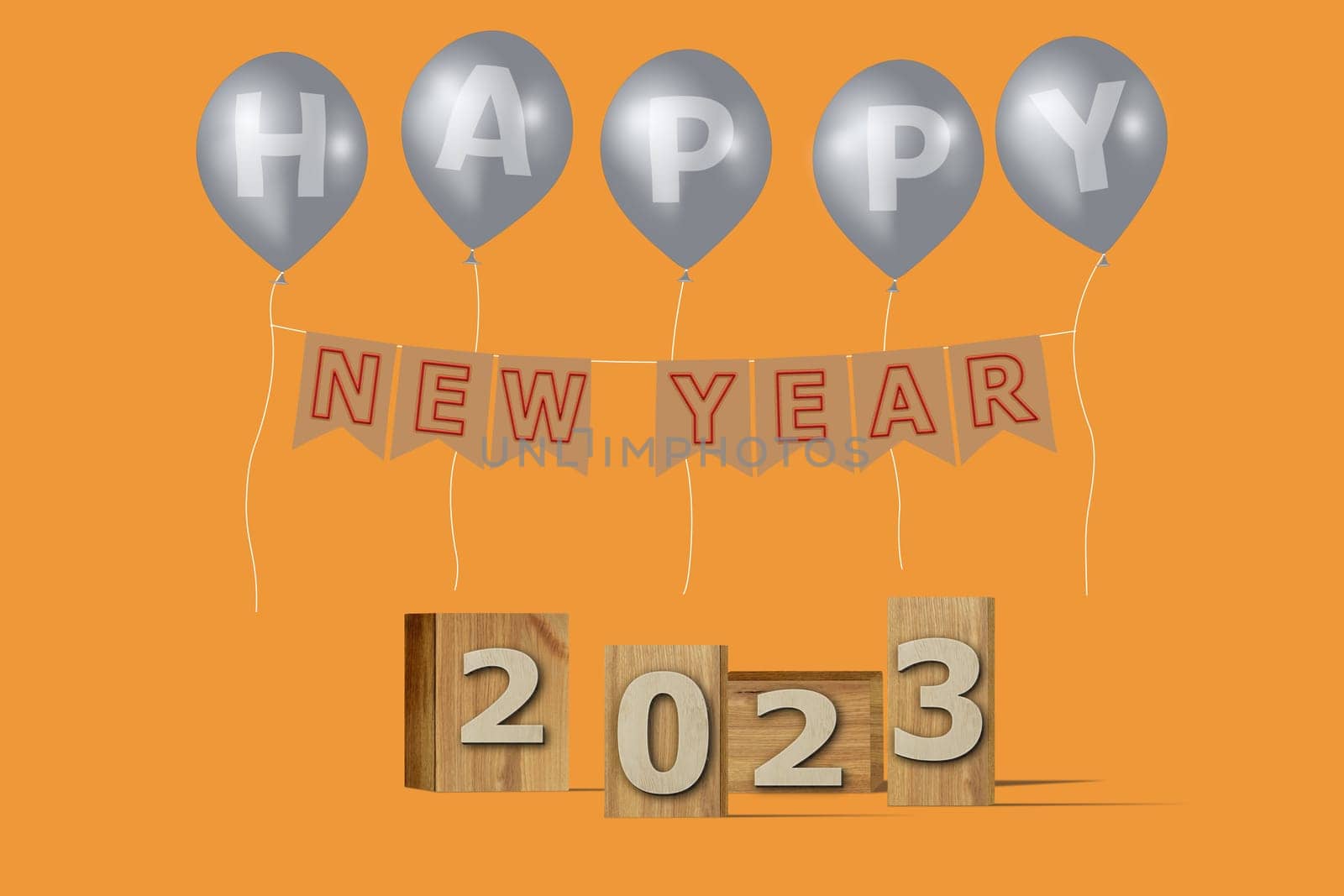 3D illustration New Year concept 2023 design with text on the wooden box and balloons on a marigold color background.