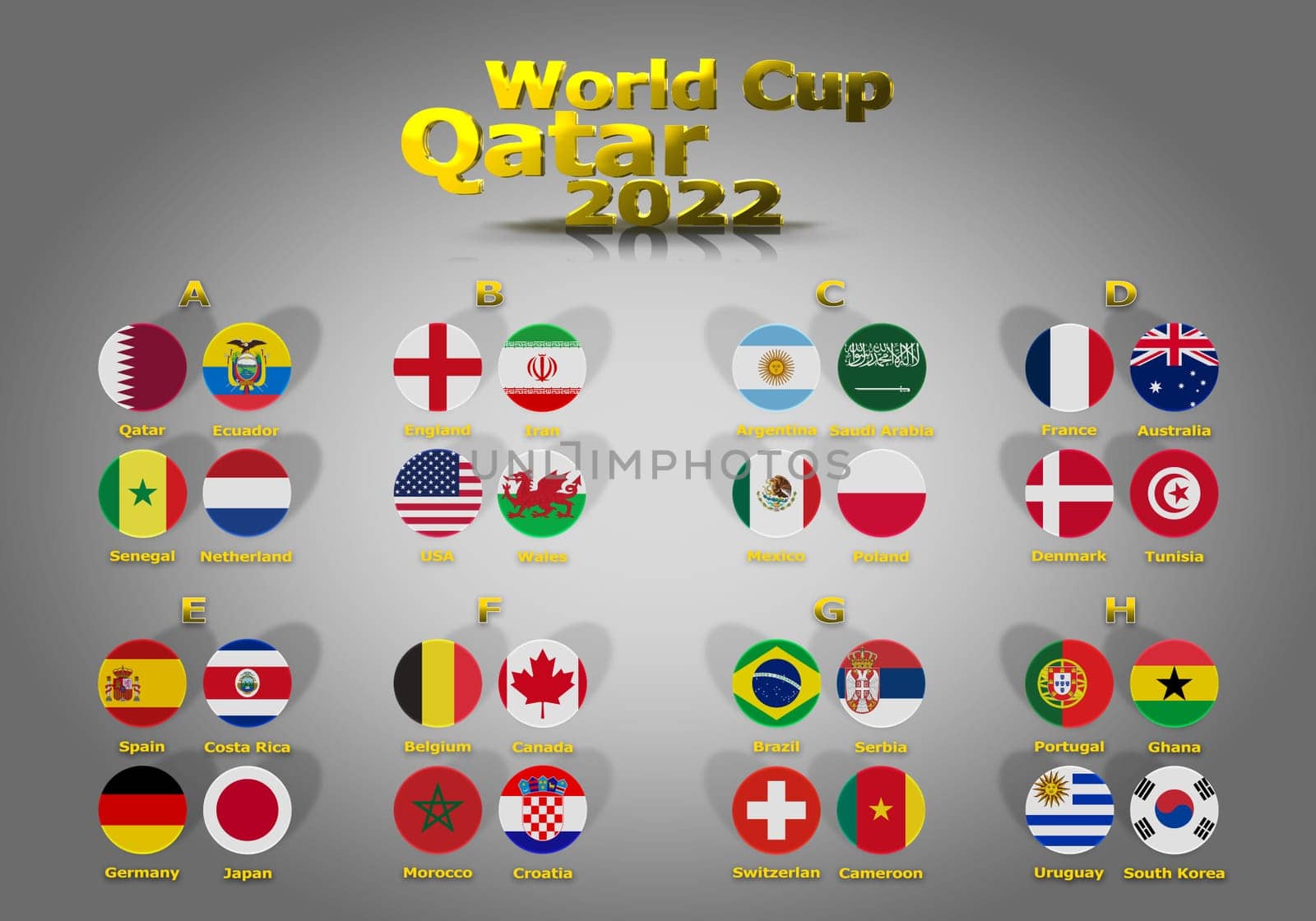 3d illustration groups of World Cup Qatar 2022 championship. All 32 qualifying countries.