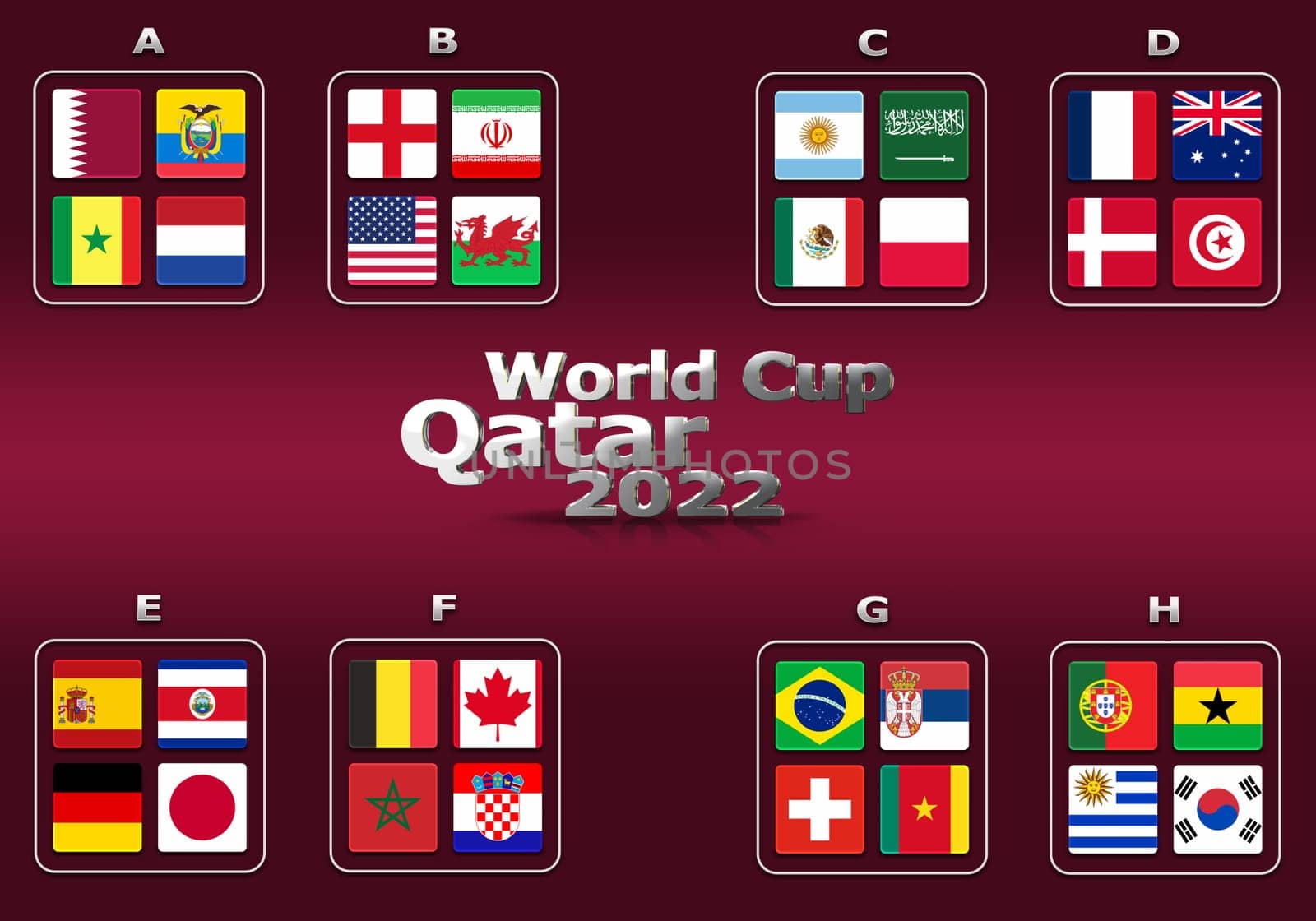 3d illustration groups of World Cup Qatar 2022 championship. All 32 qualifying countries. On the background of the flag of Qatar.