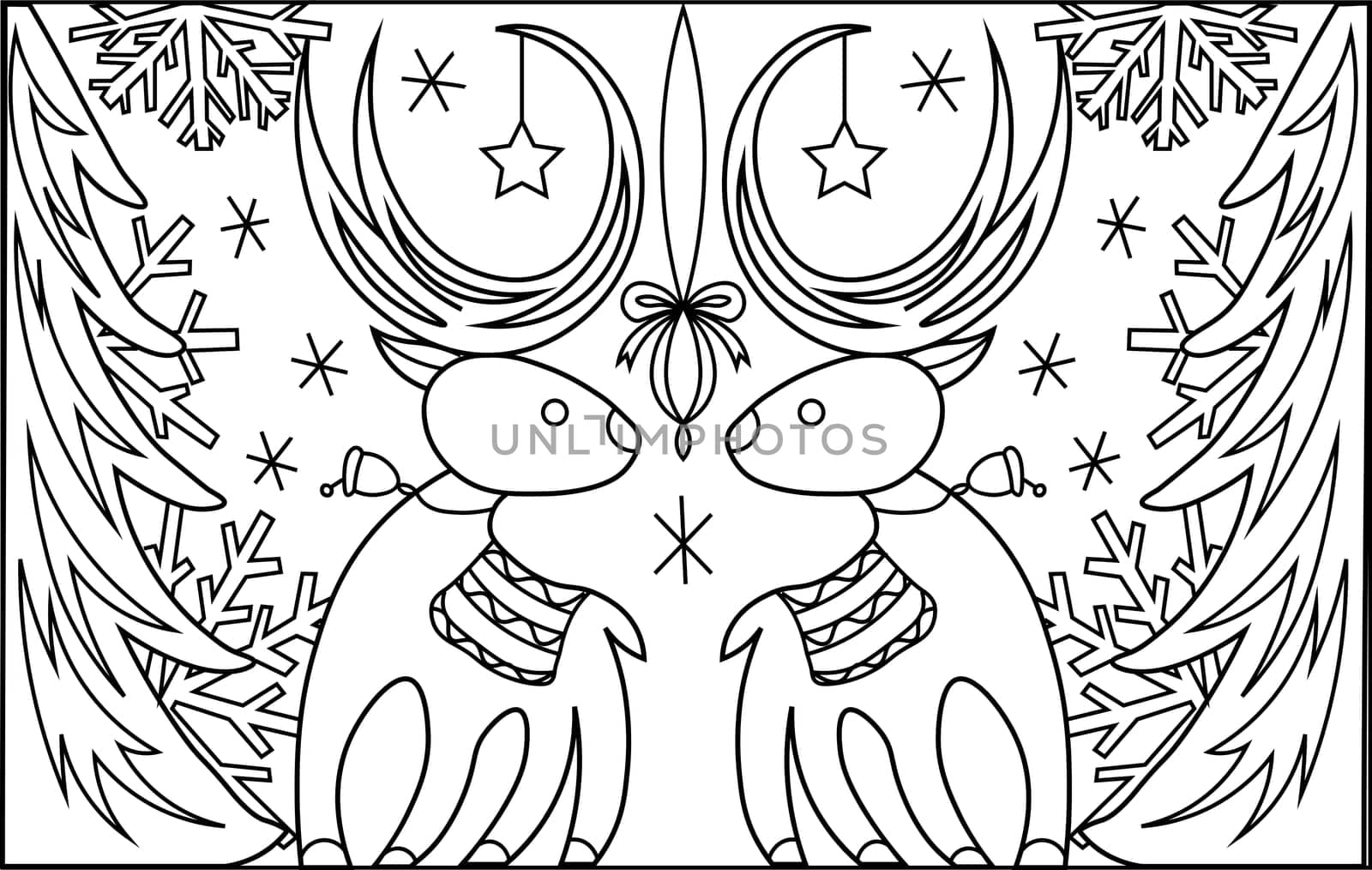 Christmas coloring book. Coloring page with reindeer. Snowflakes and Christmas trees.