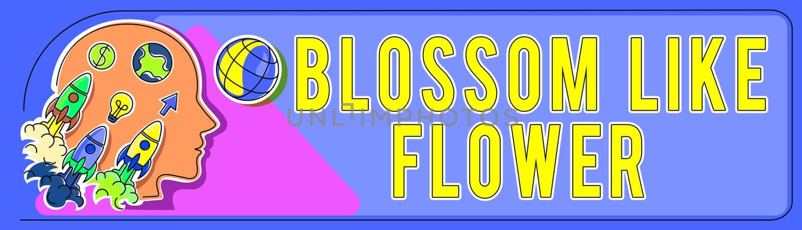 Conceptual display Blossom Like Flower, Business approach person with good qualities that radiates love, happiness, and beauty Head Silhouette Bursting Out With Ideas As Rocket Symbols .